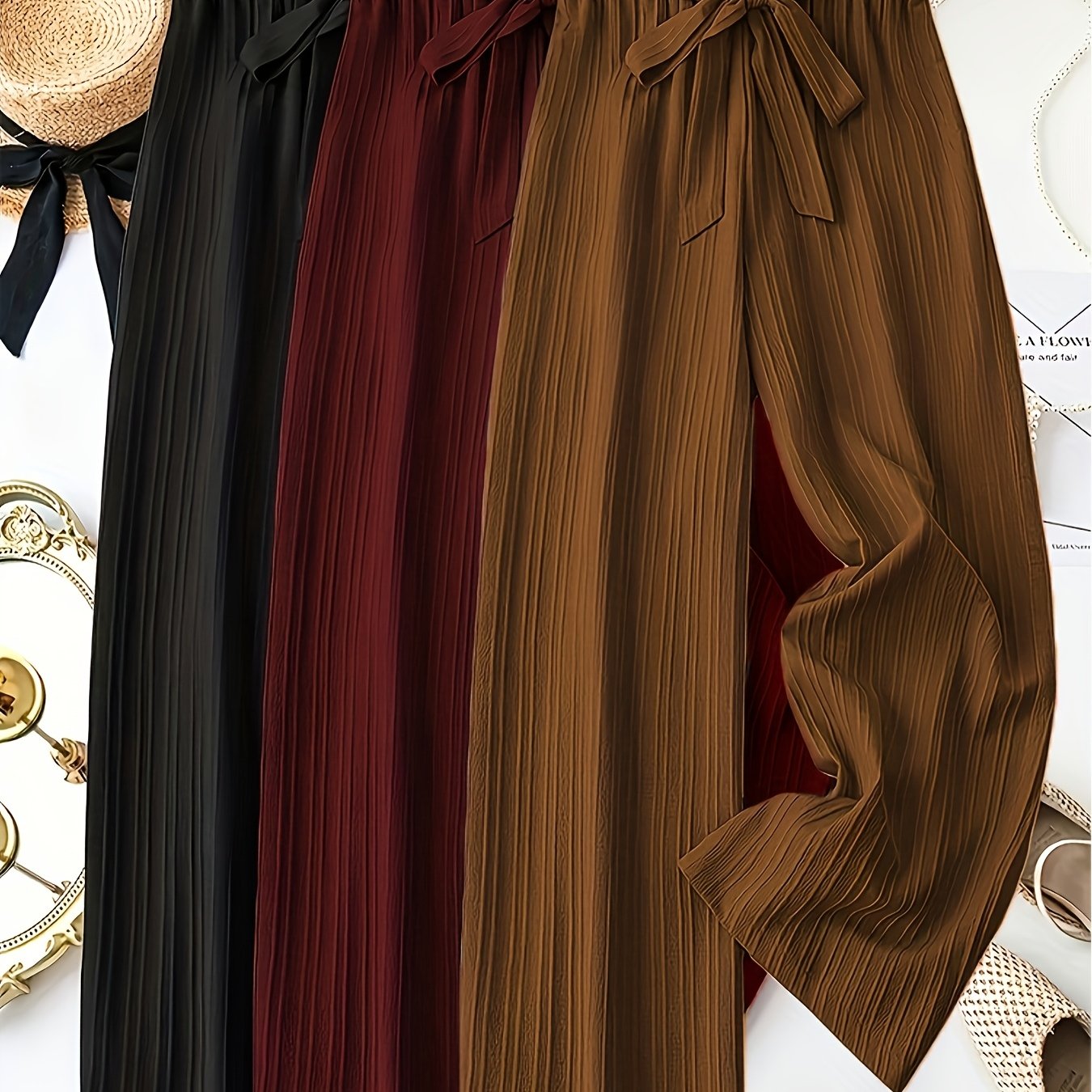 TEMU Set Of 3 Women's Stylish Solid Color Striped Trousers With Bow Accent - Relaxed Fit, Stretchy Waistband, Ideal For Casual Spring And Summer Outfits