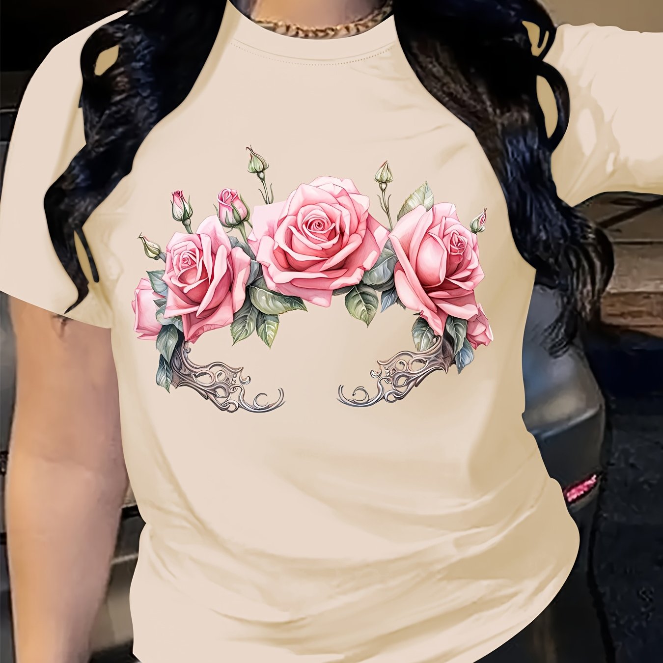 TEMU 1pc Women's Print T-shirt - Casual Crew Neck Polyester Knit Fabric Tee, Regular Length, Breathable & Comfortable For