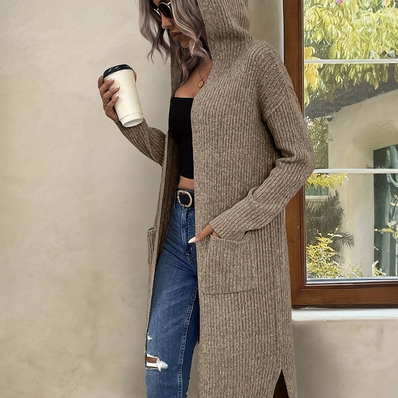 Western Winter Women's Long Hooded Cardigan Elegant Solid Color Slit Coat
