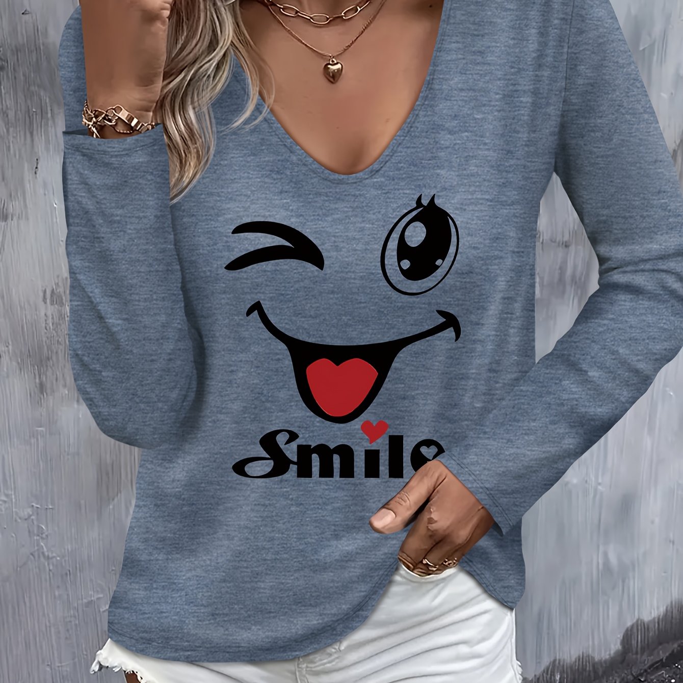 TEMU Women's Autumn/winter Top With Cartoon Print, Daily Versatile Simple Comfortable Fashionable Casual Colored V-neck Long Sleeve T-shirt