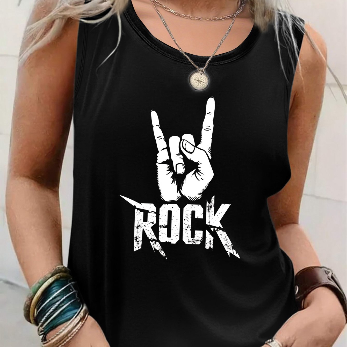 TEMU T-shirt décontracté pour femmes avec geste de et rock, tenue d'été pour les mélomanes et cadeau pour