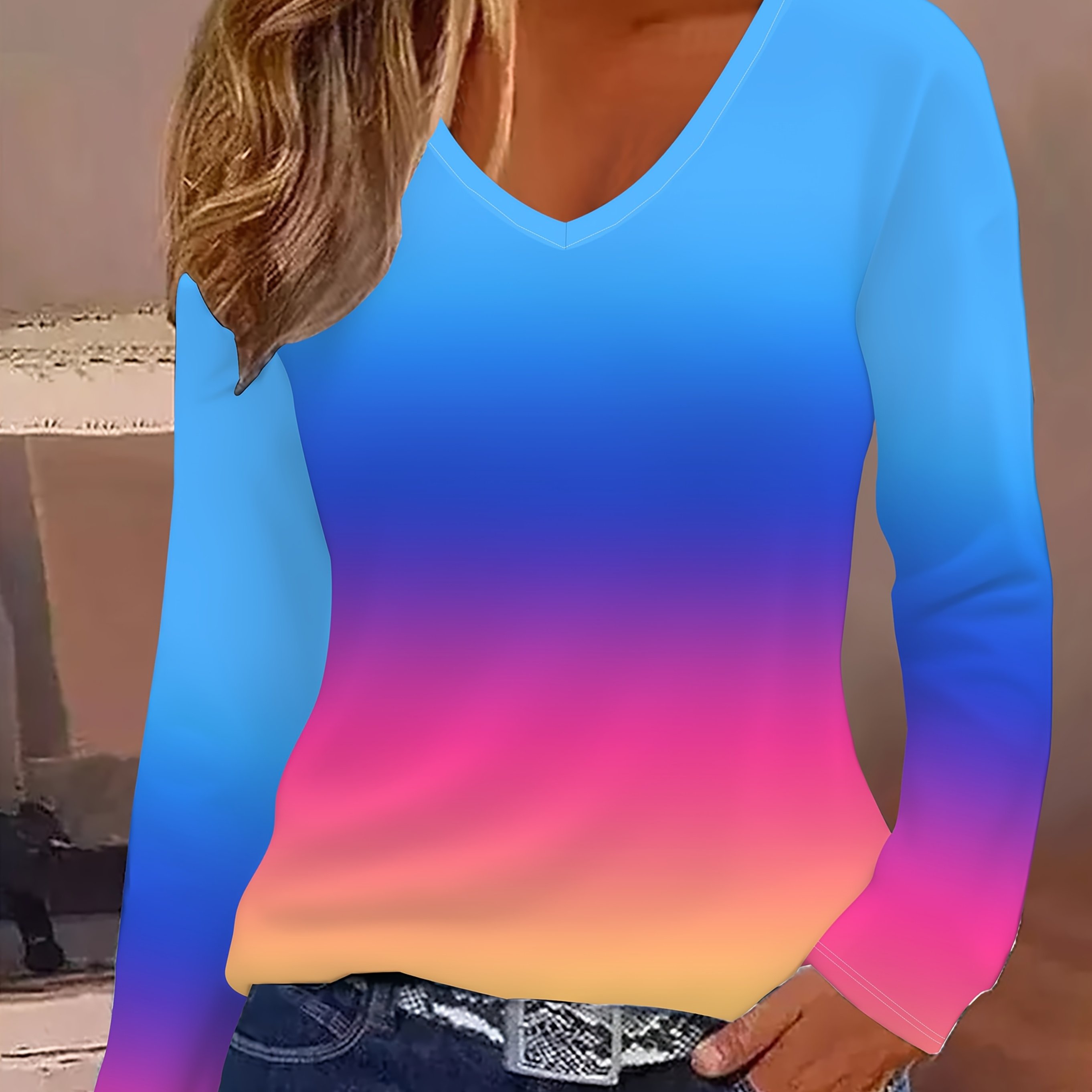 Women's Casual Elegant V-neck Gradient Color Pattern Printed Long Sleeve T-shirt