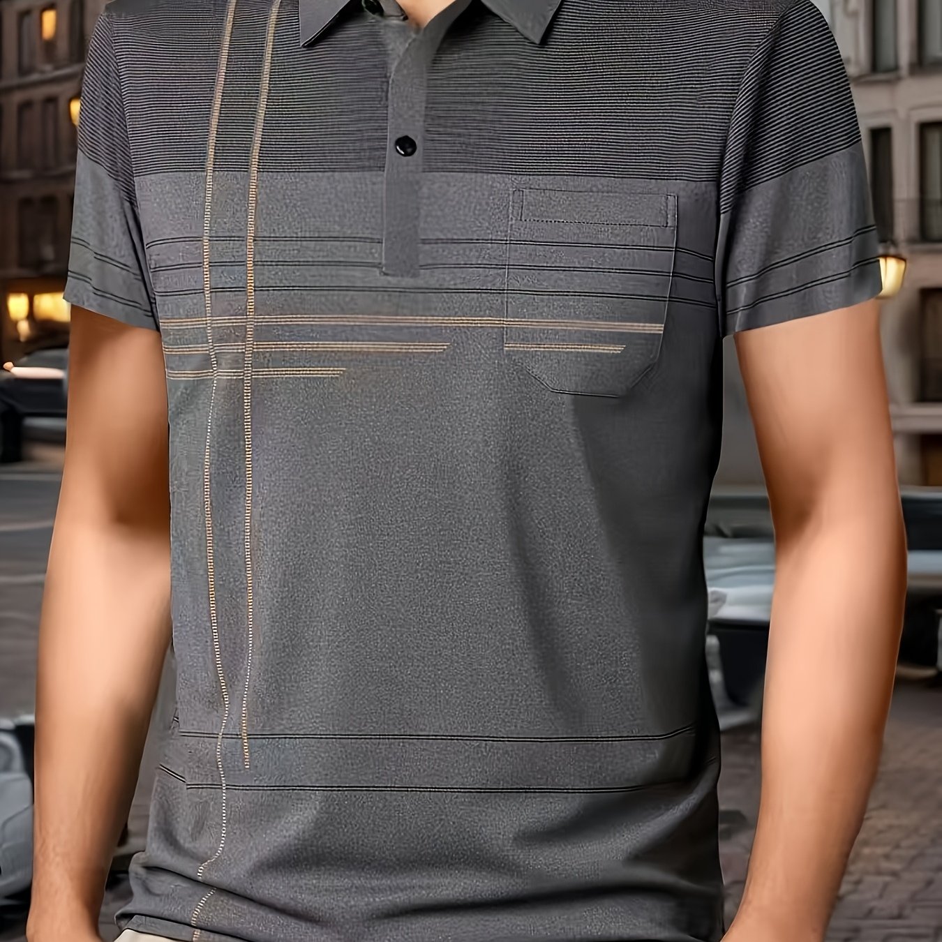 E-shop Herren Retro Gestreiftes Hemd mit Brusttasche - Atmungsaktives Kurzarmhemd mit Knopfdetails, Ideal für Golf und Outdoor-Aktivitäten