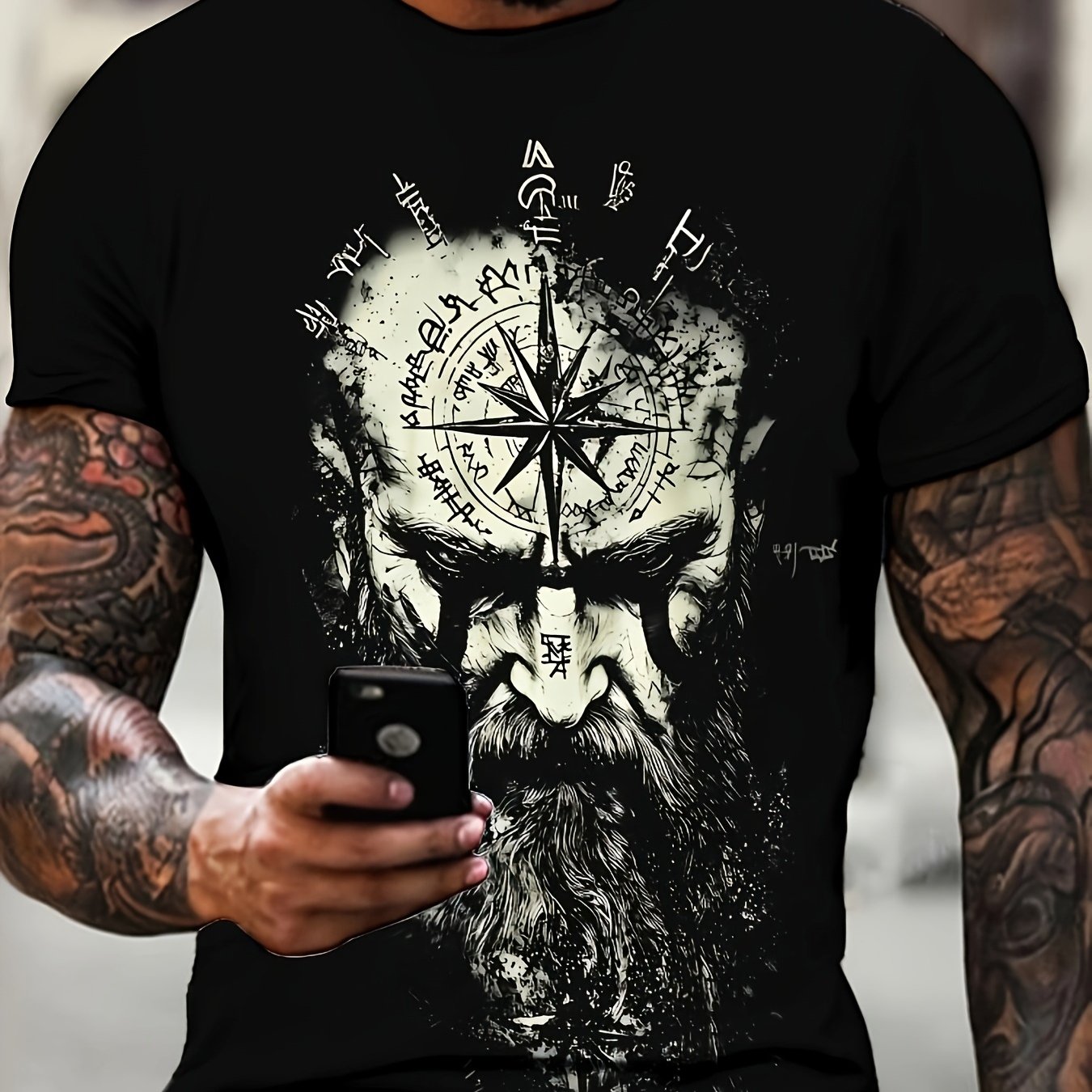 TEMU Men's Viking Viking-themed T-shirt - Viking Print Crew Neck Tee, Machine Washable Casual Streetwear Suitable For Daily Wear, Themed Events &