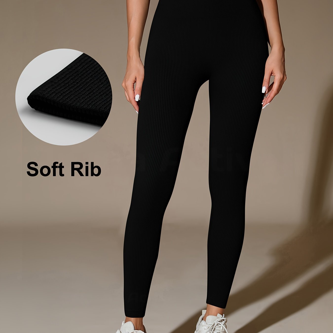 TEMU Mallas deportivas de cintura sin costuras para mujer, pantalones de yoga con control de abdomen acanalado, estilo básico, ajuste elástico