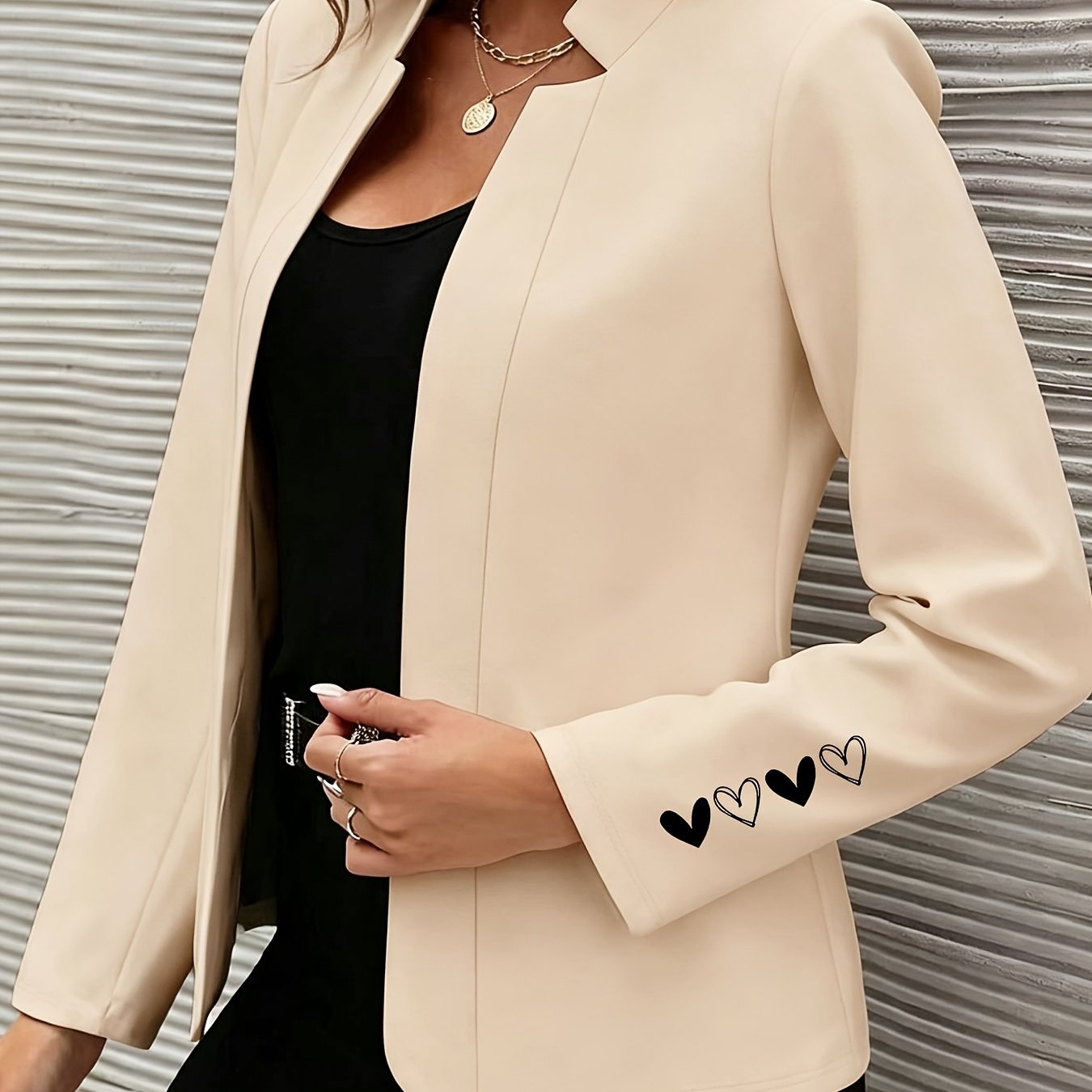 TEMU Women's Casual Love Heart Print Stand Collar Buttonless Blazer, Workplace Temperament Mature Style Top, New Streetwear Brand - Long Sleeve Open