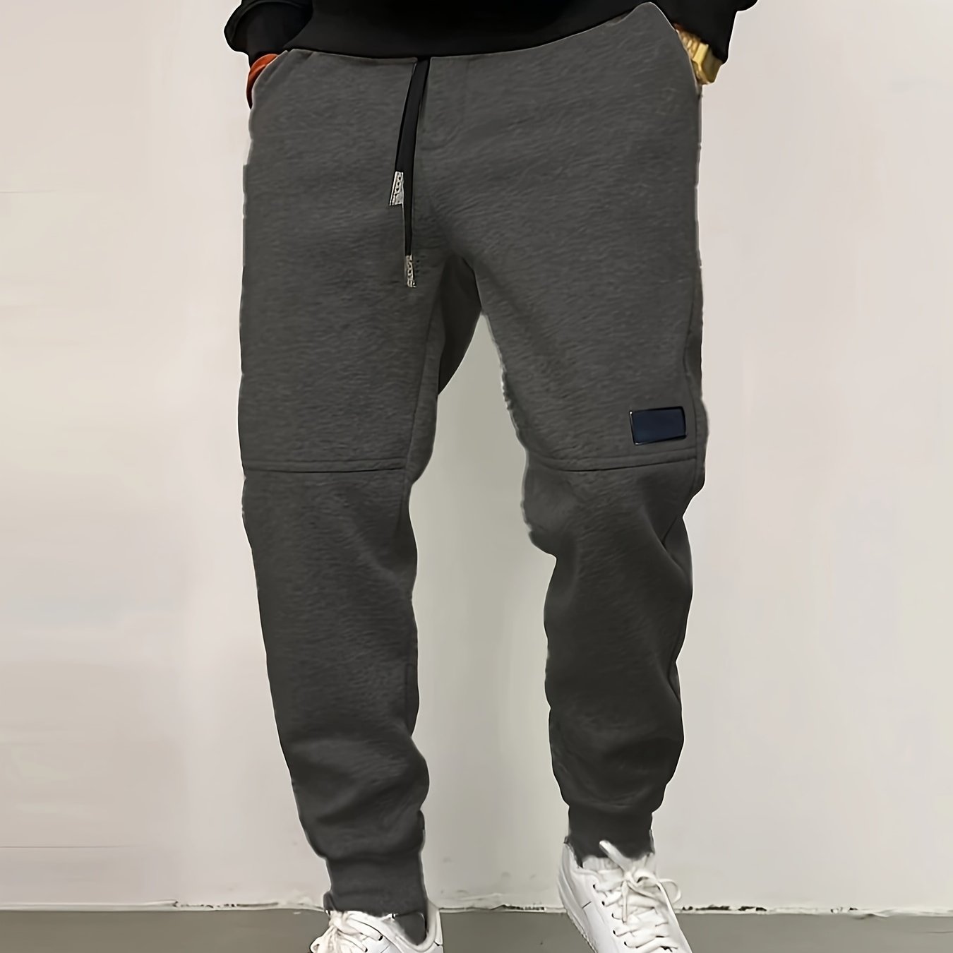 TEMU [] Men's Athletic Drawstring Sweatpants With Detail - Lightweight, Polyester, Casual , Smooth Texture, Waistband, Solid Color, Knit Fabric, Casual Attire, Plus Size Sweatpants