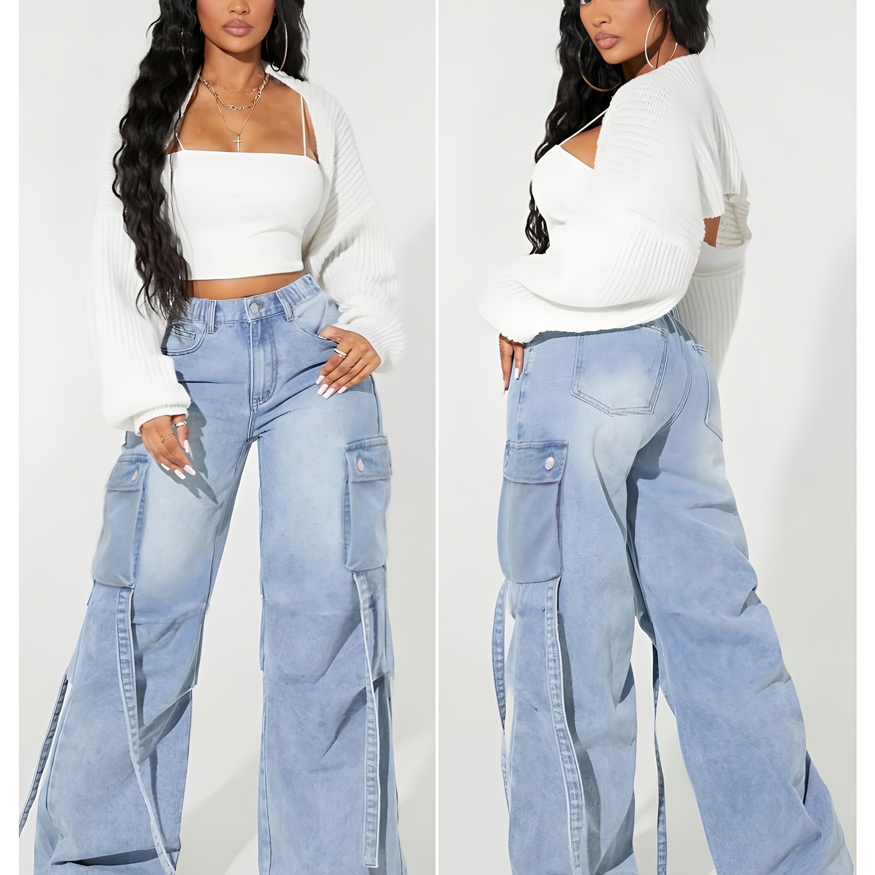 Image of Women's High-waisted Wide-leg Cargo Jeans - Stretchy Elastic Waistband, Multiple Pockets, Blue Denim, Y2k Hip-hop Streetwear Style, Casual Pants