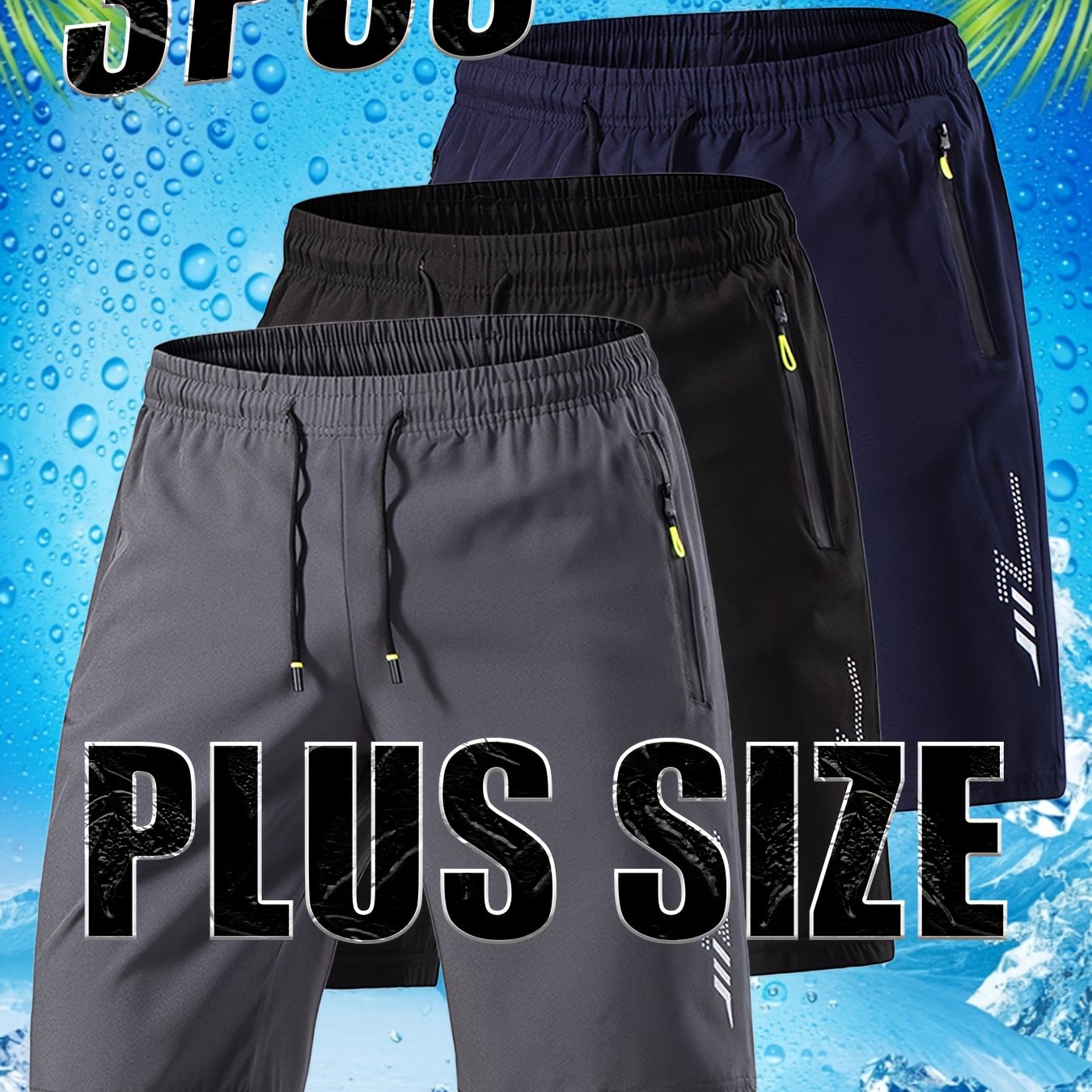 TEMU 3 pièces Ensemble de Shorts Décontractés pour Hommes Grande Taille, Tissu et Confortable avec Imprimé Géométrique Unique, Poches à Fermeture