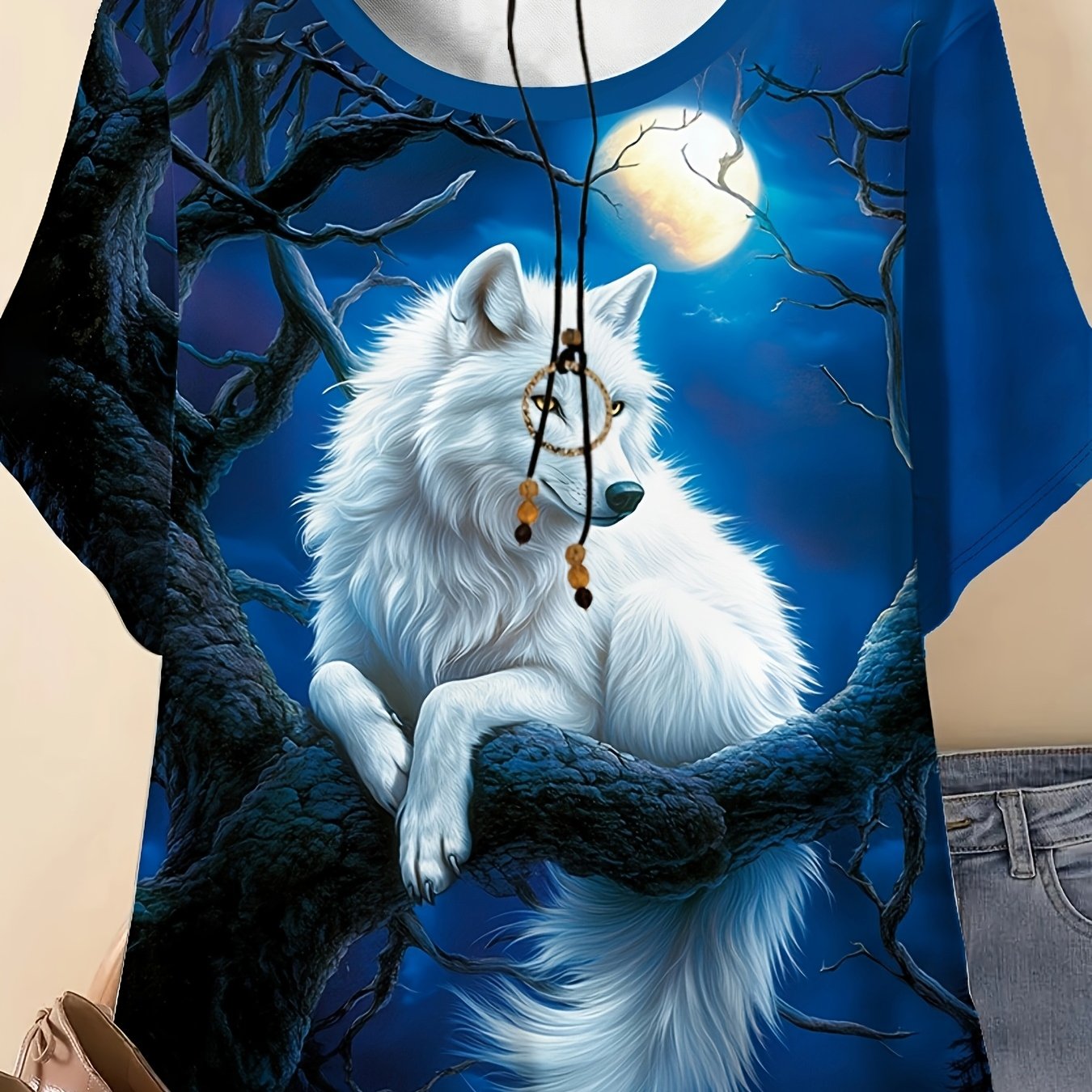 TEMU T-shirt grande taille pour femme à motif de loup imprimé en 3D - Haut décontracté à col ras du cou et imprimé intégral, tissu doux et respirant