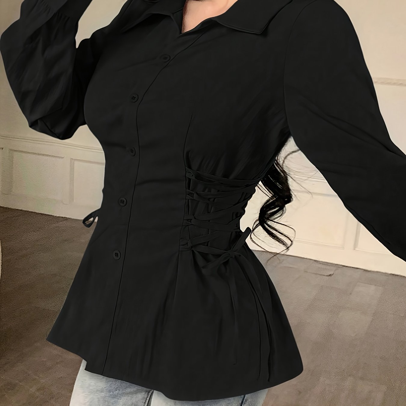 TEMU Camicia Donna a Lunga Monocolore con Cintura Allacciata e Bottoni Singoli, Moda Femminile
