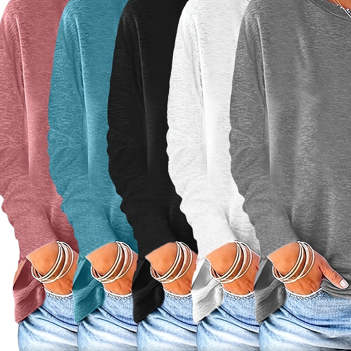 TEMU 5 Solid Color Round Neck Long Sleeve Tops, Casual Loose Shirts For Spring And Autumn, Women's Clothing