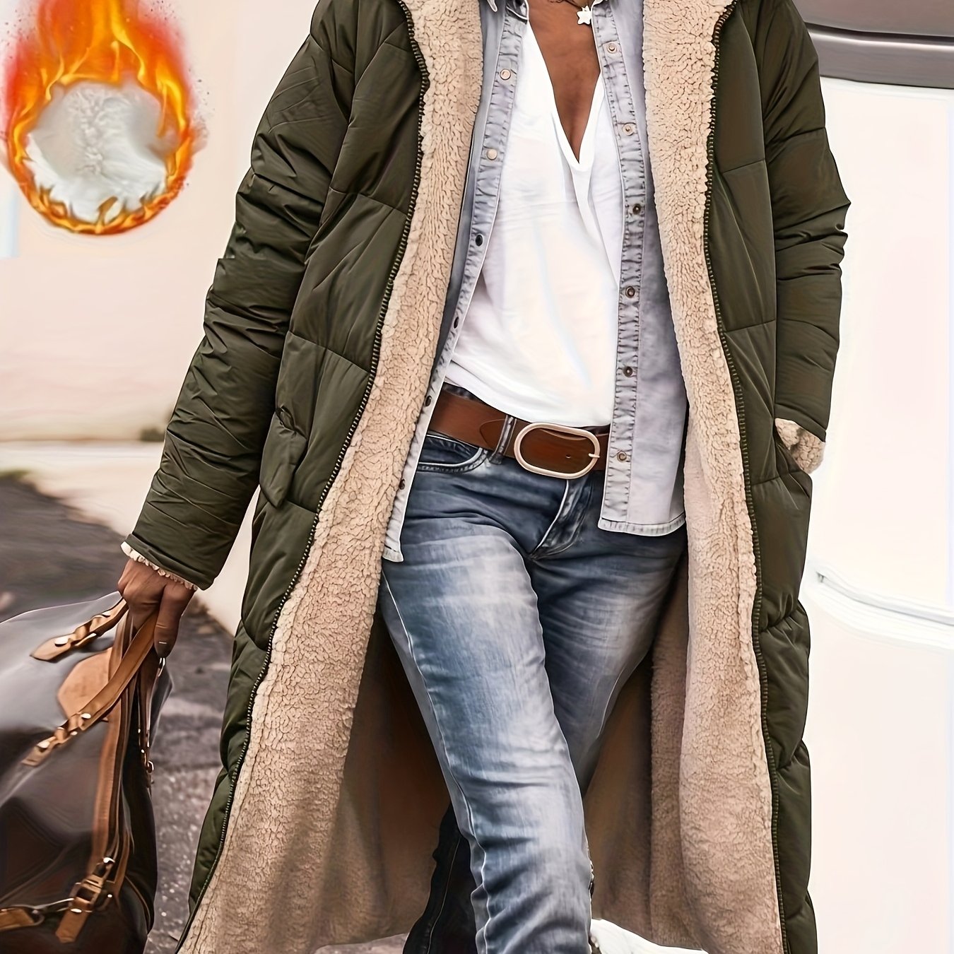 E-shop Winter Neue Damen Wende Off-Shoulder Ärmel Kapuzenmantel Outdoor Street Casual Herbst Winter Langer Mantel Regular Fit Warm Winddicht