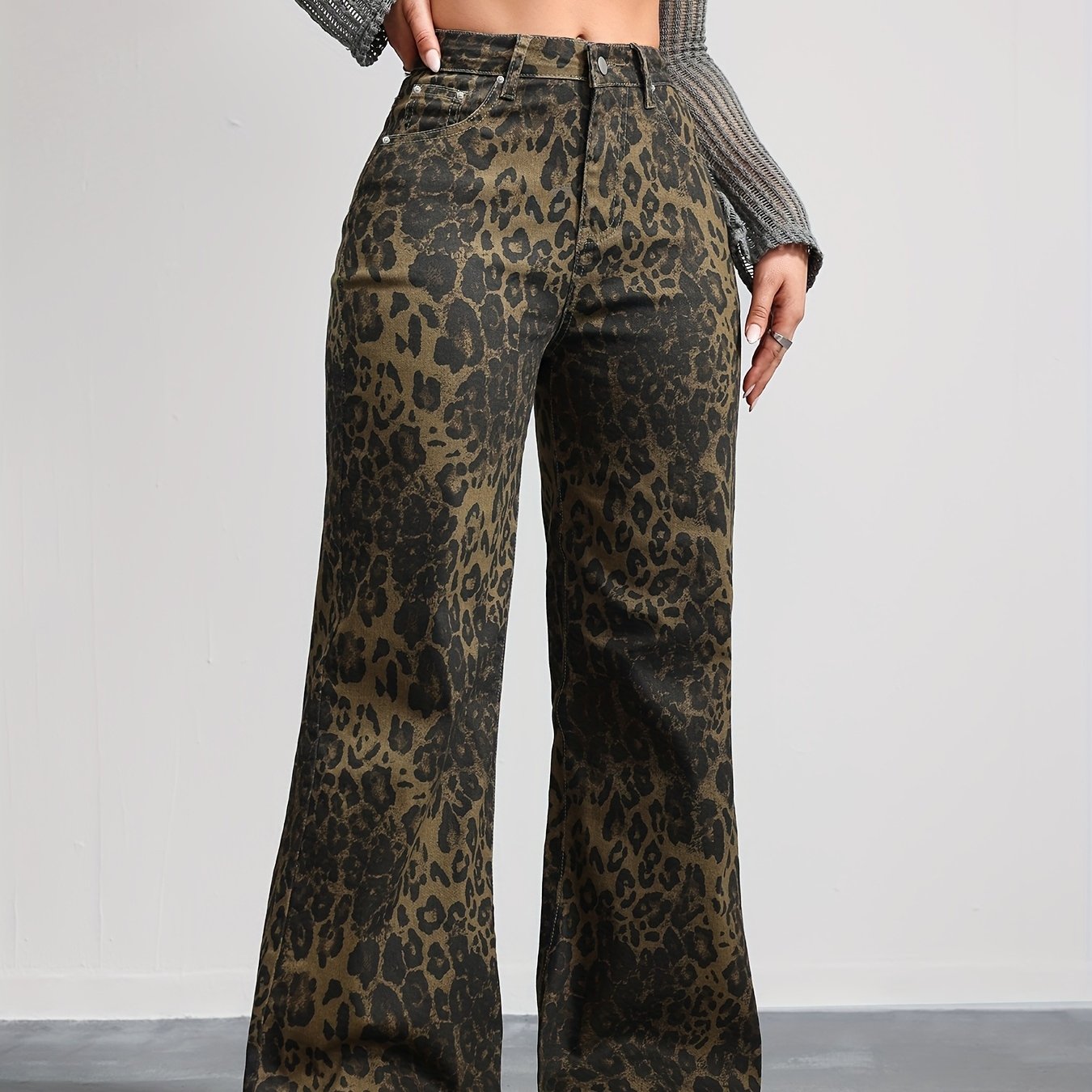 Fashionable Casual Yellow Leopard Print Flared Jeans for Women &gt; Plus Size Women&#39;S Clothing &gt; Ready-To-Wear &gt; Plus Size Denim &gt; Plus Size Jeans
