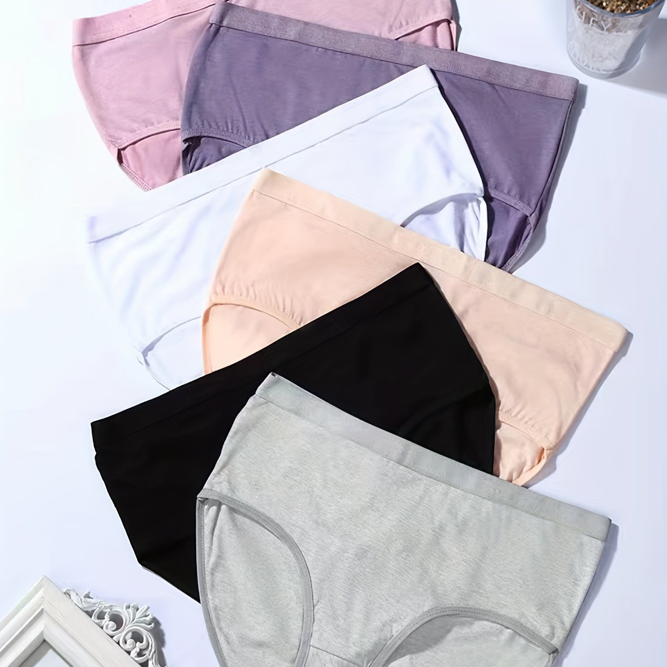 6 Size Basic Underwear Set, Women's Plus Plain Mid Rise Medium Stretch Underwear 6 Piece Set