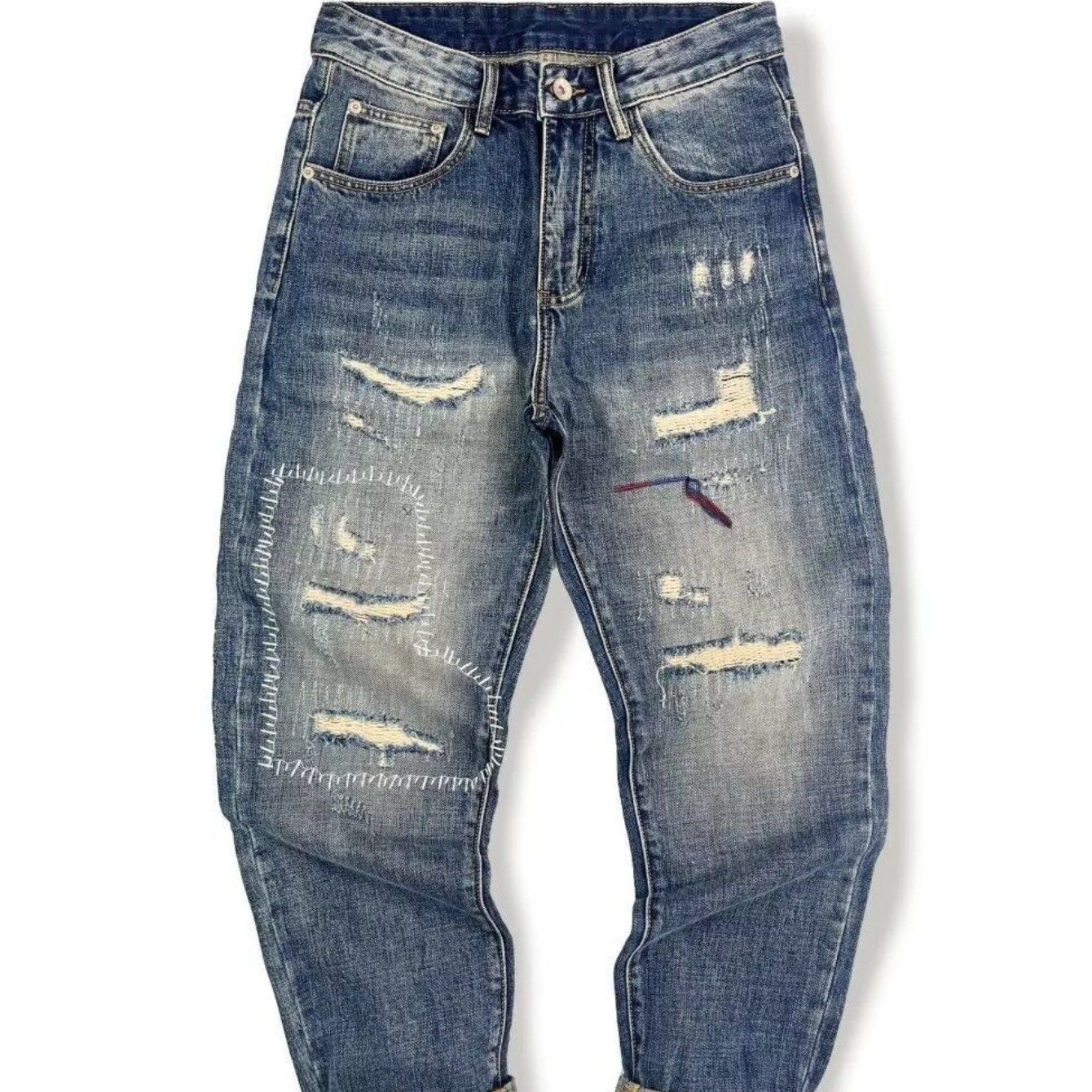 Image of Men's Vintage Distressed Ripped Jeans, Hand Stitched Denim Pants, Retro Washed Tapered Streetwear For Men