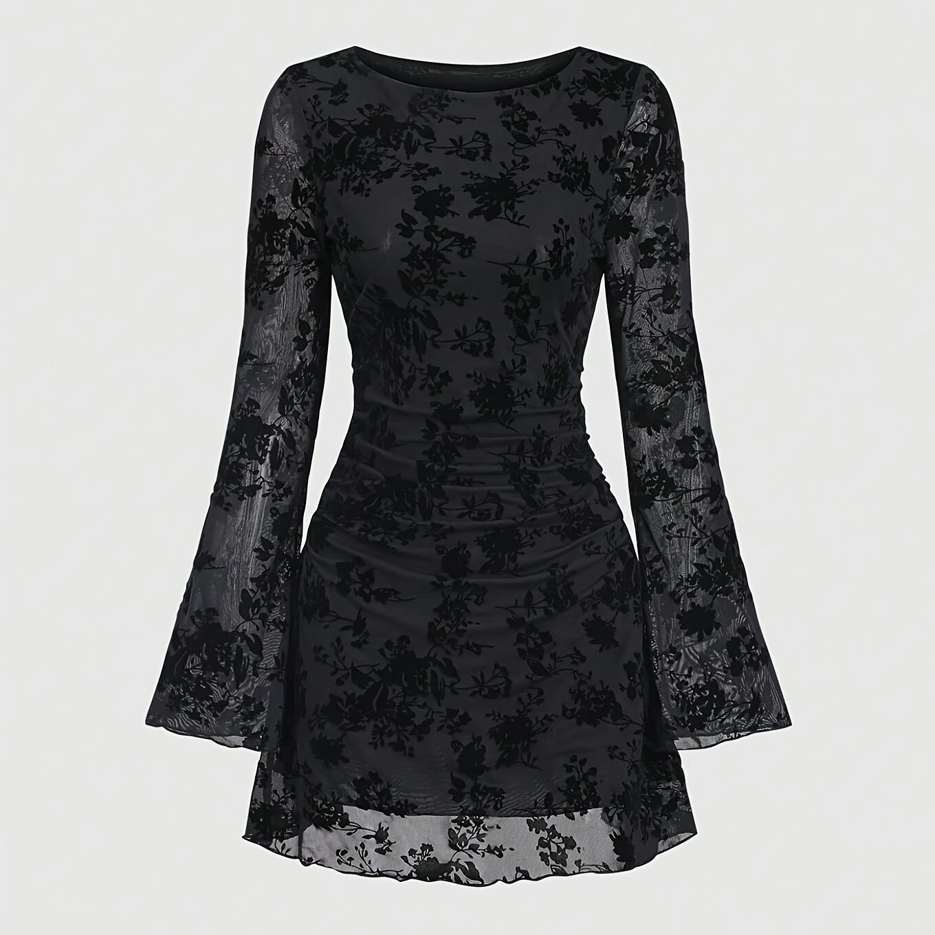 2025 Autumn/winter New Arrival Women's Elegant Vintage Mesh Flocked Long Hem Long Sleeve Bodycon Mini Dress