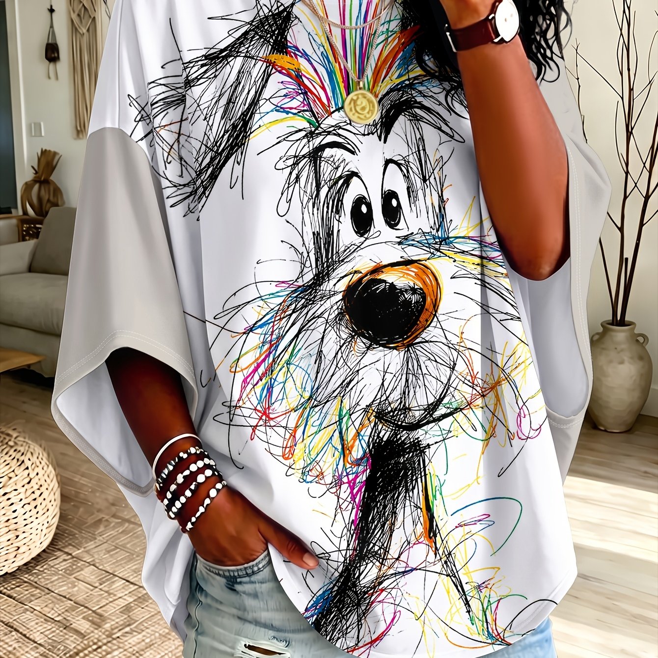 TEMU Plus Size Women's Top, White With Multicolor Graffiti Puppy Pattern, Loose Off-shoulder Sleeve Design, Fun Sweatshirt