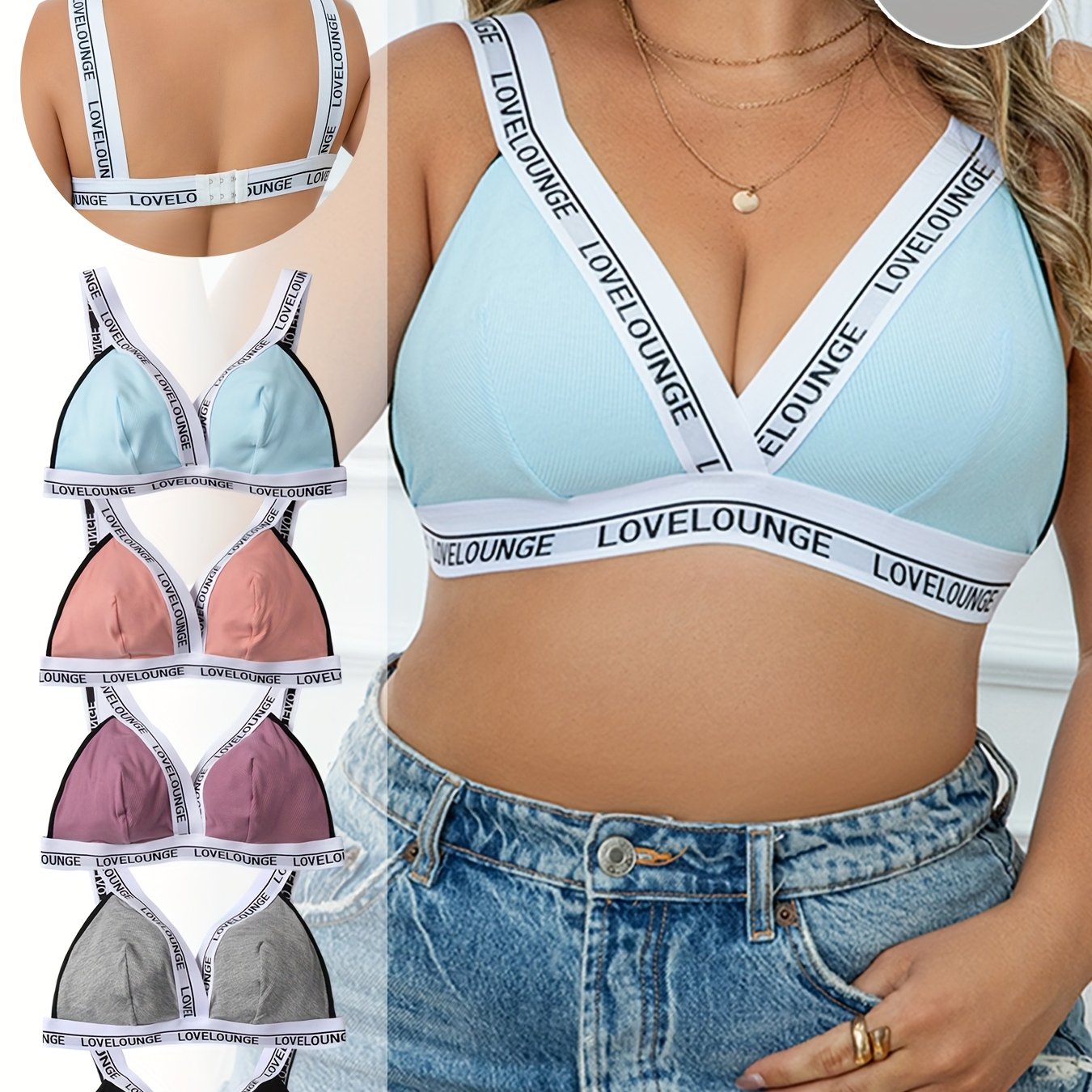 5pcs Set Of Letter Threaded Plus Size Bras, Breathable Comfortable Ribbed Fabric, Plus Size Women's Wireless Bra