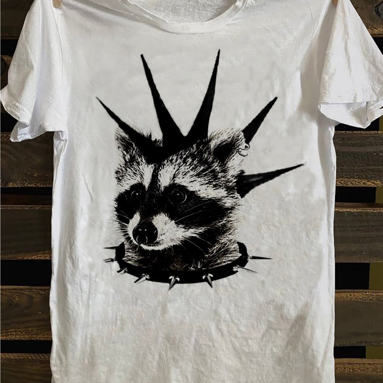 Image of Men's Retro Punk Rock Raccoon Graphic T-shirt With Spiked Collar - Edgy Raccoon Shirt, Soft Medium Stretch Fabric, Regular Fit Short Sleeve Tee For All- Wear, Machine Washable Punk Style Clothing