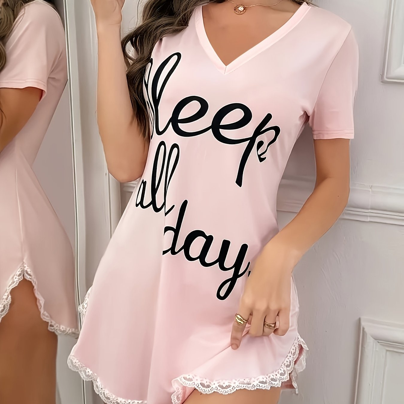 Sexy V-neck Letter Print Lace Trim Comfortable Nightgown