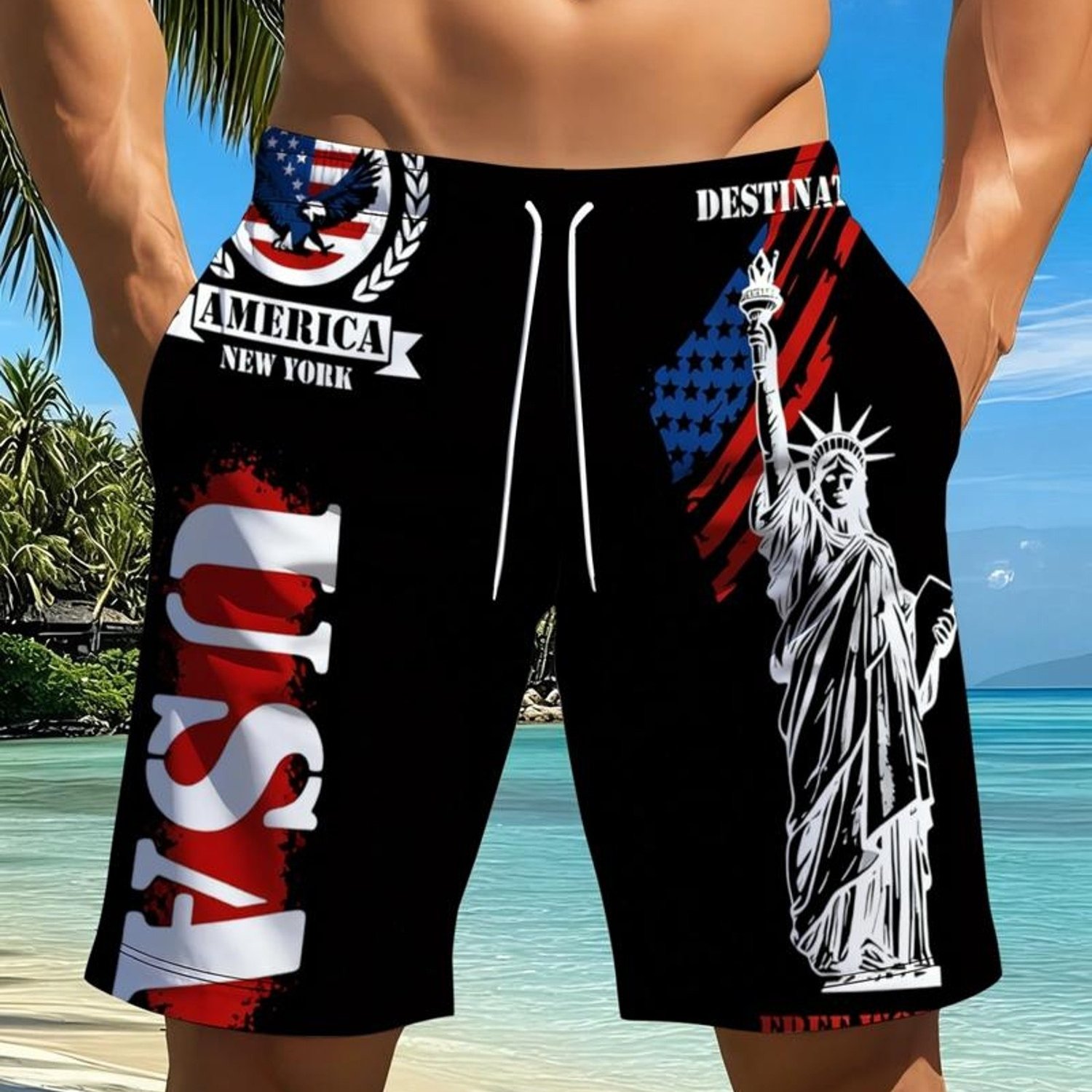 TEMU Men's [printed Design – Not Textured] Men's Athletic Casual Shorts, With American Theme Design (eagle, Statue Of , "us", ""), Suitable For