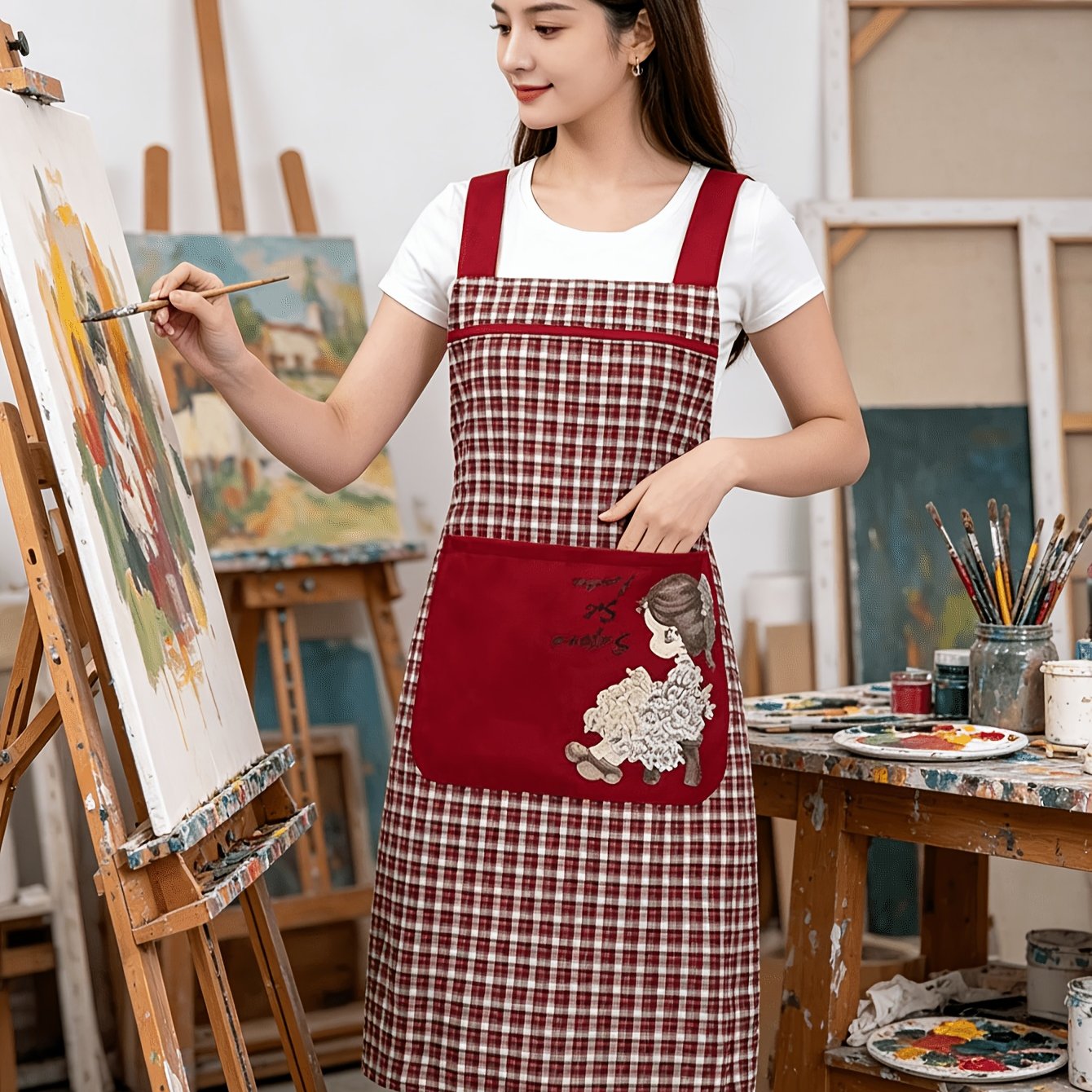Image of Fashion And Portrait Print Apron With Pockets, Workwear, Machine Washable, Home Kitchen Restaurant Flower Shop Apron