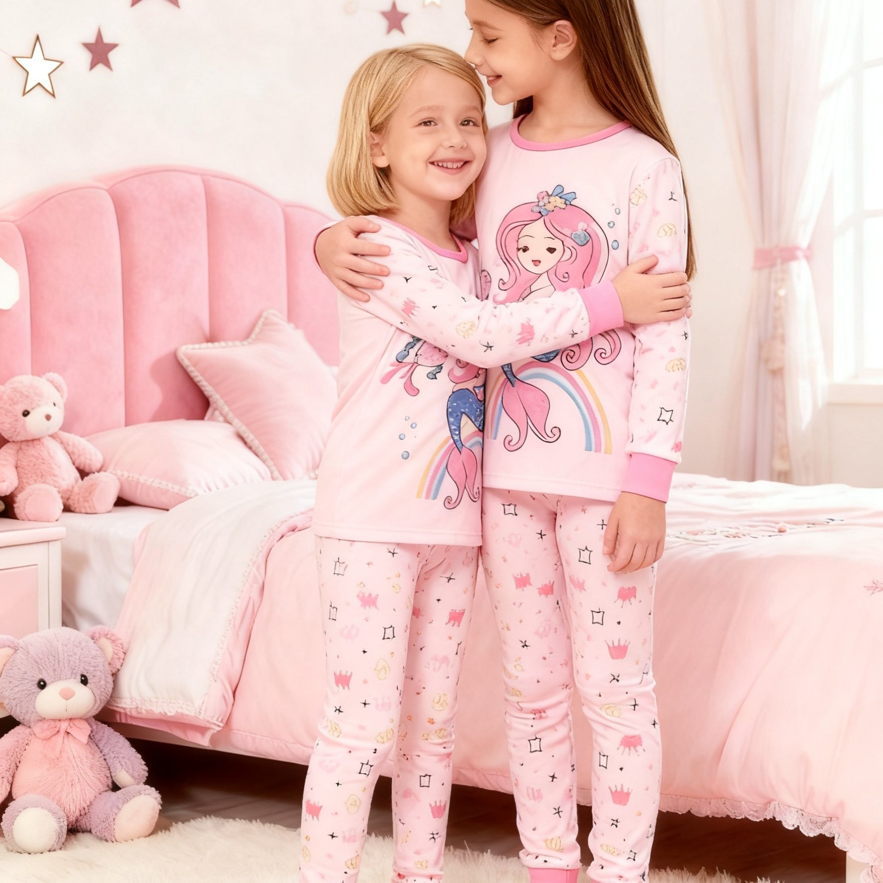 Image of Girls' 2pcs Mermaid Pajama Suit - Flame Retardant Sleepwear With Mermaid Tail, Long Sleeve Round Neck Nightgown & Pants, Non- Bedding For, Spring/fall Sleepwear (hand Washable)