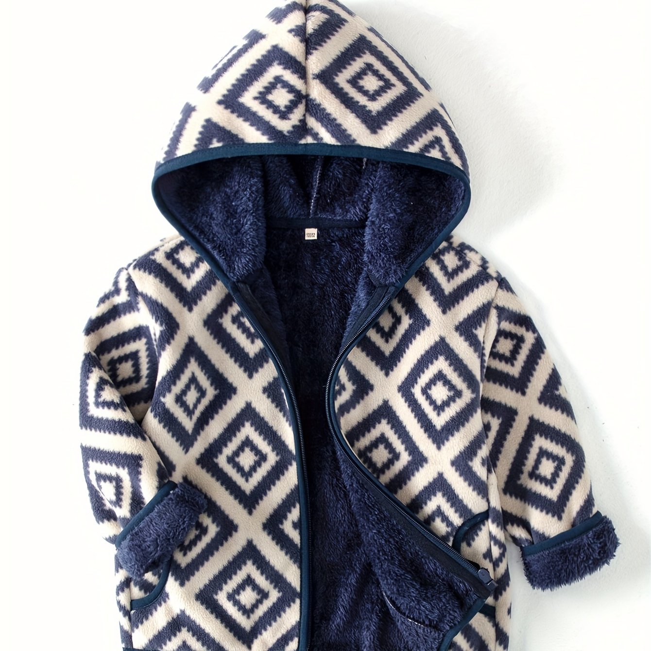 Image of New Retro Diamond Print Fleece Hooded Jacket Autumn Winter Fleece Jacket Thickened Fleece Thickened Jacket Zipper Sweater Thick Navy Nordic Style Geometric Windproof Coat Shoulder Loose Outdoor