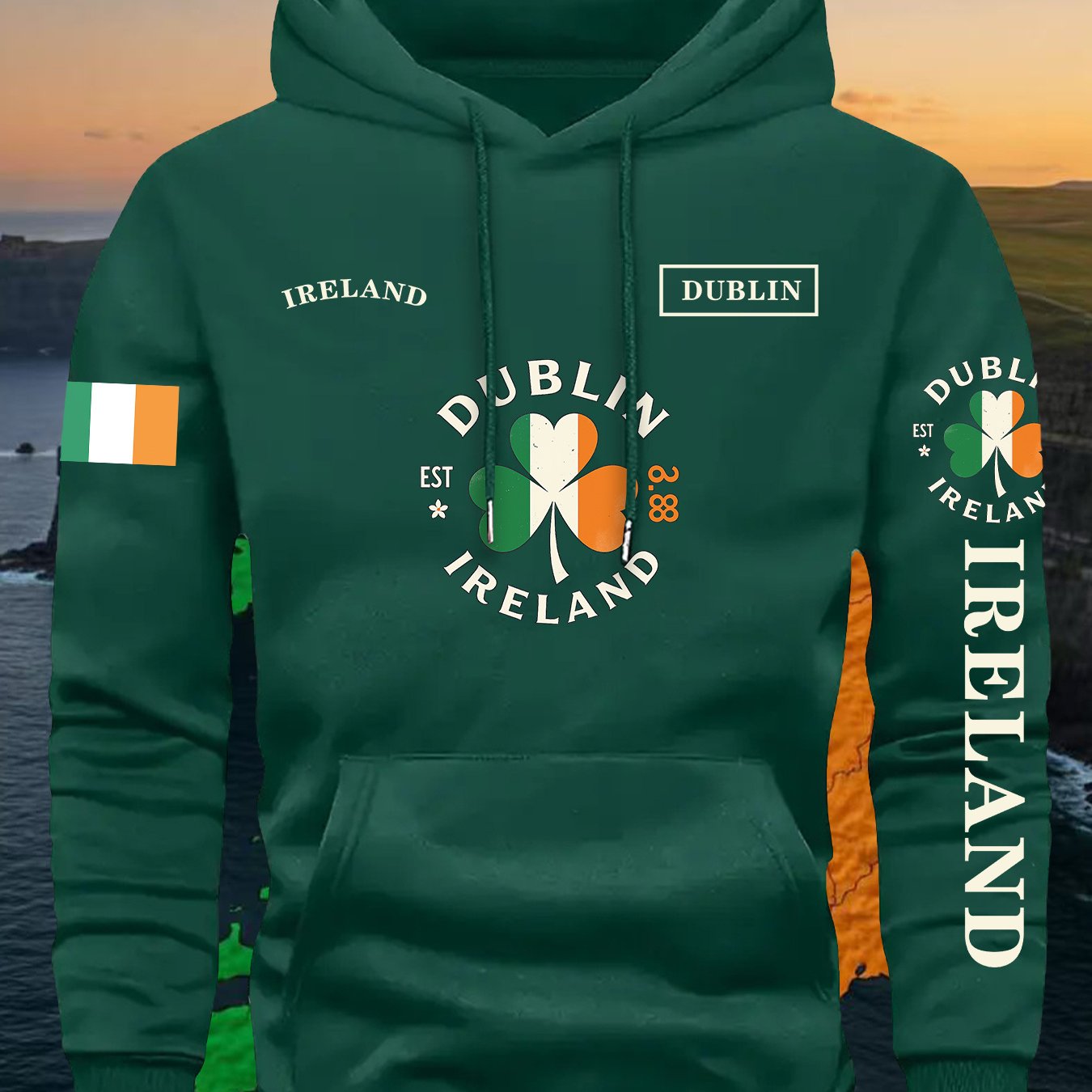 TEMU Men's Trendy Hooded Sweatshirt With Irish Shamrock Flag, City Letter Print Pullover Top, Spring/autumn Long Sleeve Hoodie With Drawstring And