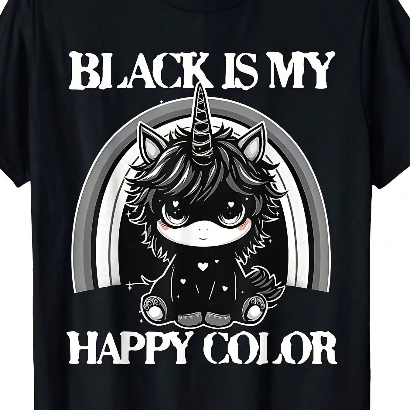 TEMU Black Is Color Goth Girl Emo Gothic Unicorn - Soft Retro Graphic With Rainbow Unicorn Design Edgy Casual Wear For Men Machine Washable Unisex