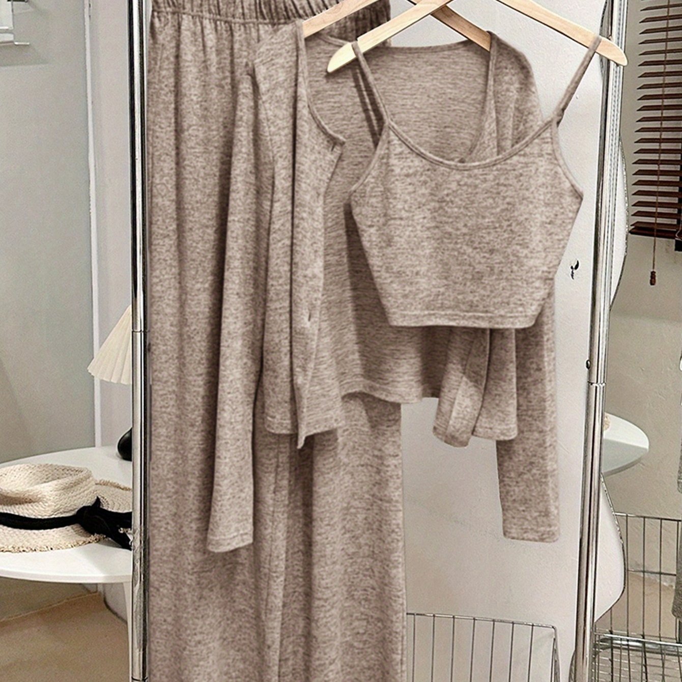 [3pcs Set] Autumn Winter Solid Long Sleeve Long Pants Suspender Women's Set