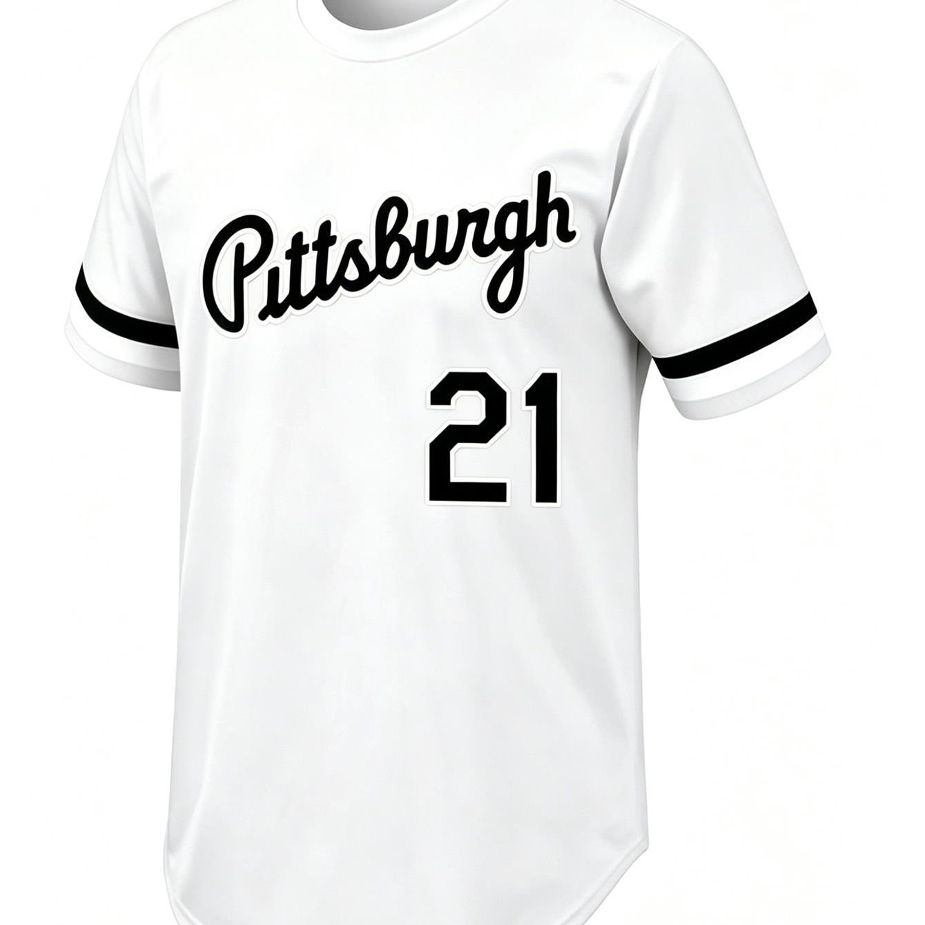 TEMU Men's Plus Size T-shirt, Printed Design - Non-textured, Pittsburgh #21 White Baseball Jacket, Classic Vintage Letter Design Breathable