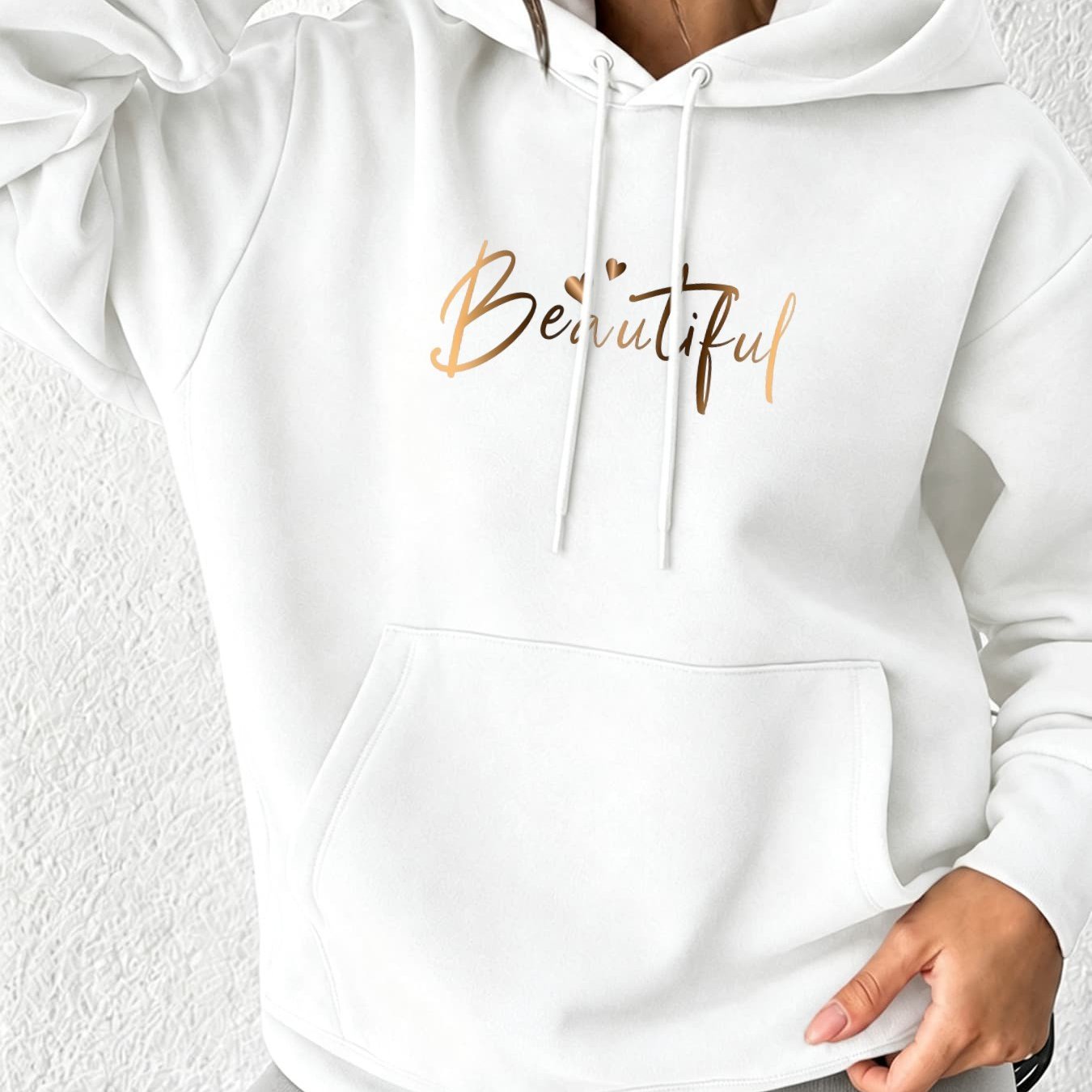 Image of Autumn Winter New Hoodie For Women: Golden Letter Print Pullover, Loose Fit, Comfortable & Warm, Casual Daily Wear, Fashionable & Versatile, Relaxed Drop Shoulder Sporty Style