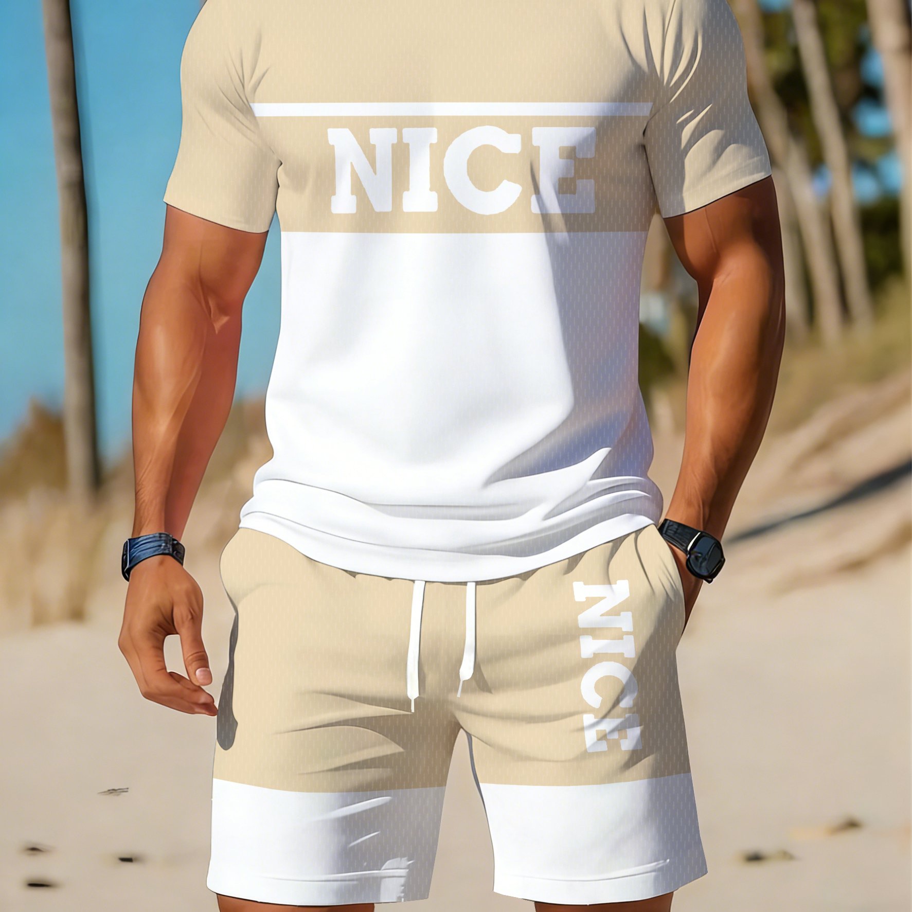 Image of Men's Casual Sportswear Set, Breathable Outdoor Leisure Round Neck T-shirt And Shorts Set, Summer Outfit For Adults