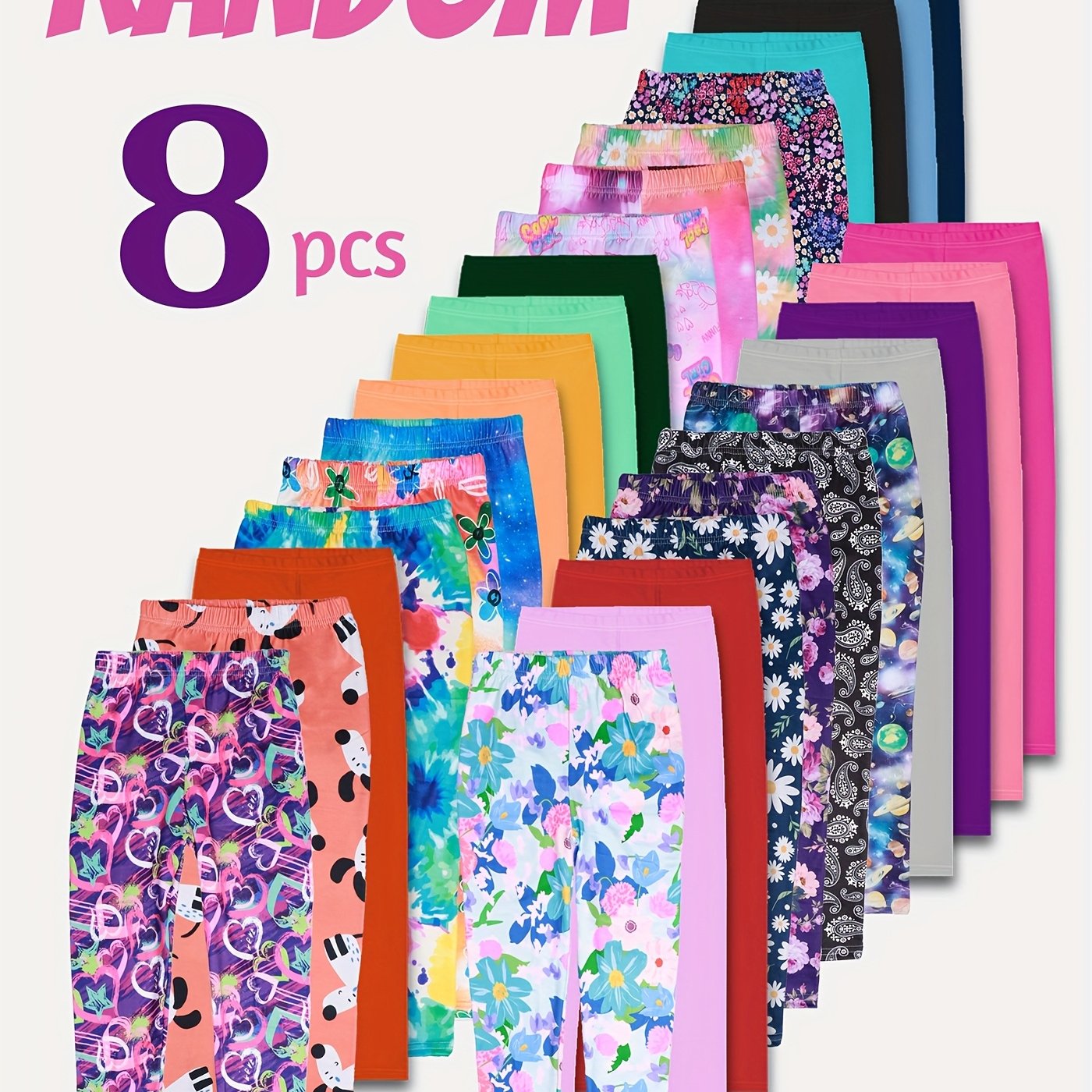 Image of Random Set Of 8pcs, Girls' Spring And Autumn Three-quarter Pants With A Stretchy Waistband, Leggings And Solid Color Combinations, Perfect For Yoga