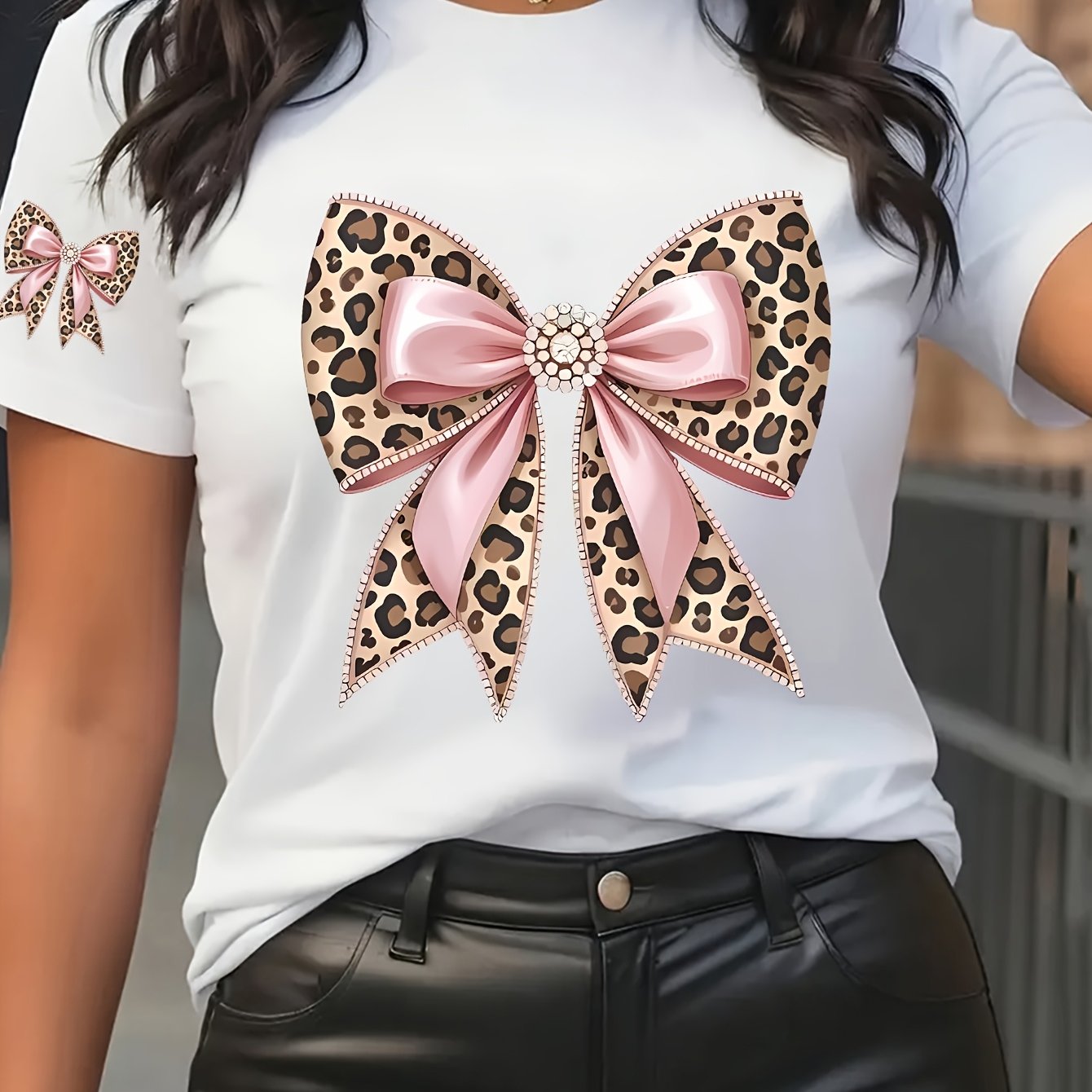 TEMU Artistic Bow Double Print Pattern - Elegant And Stylish - Women's Round Neck Pullover T-shirt, Casual Sporty Short Sleeve, Sizes S-xxl, Multiple