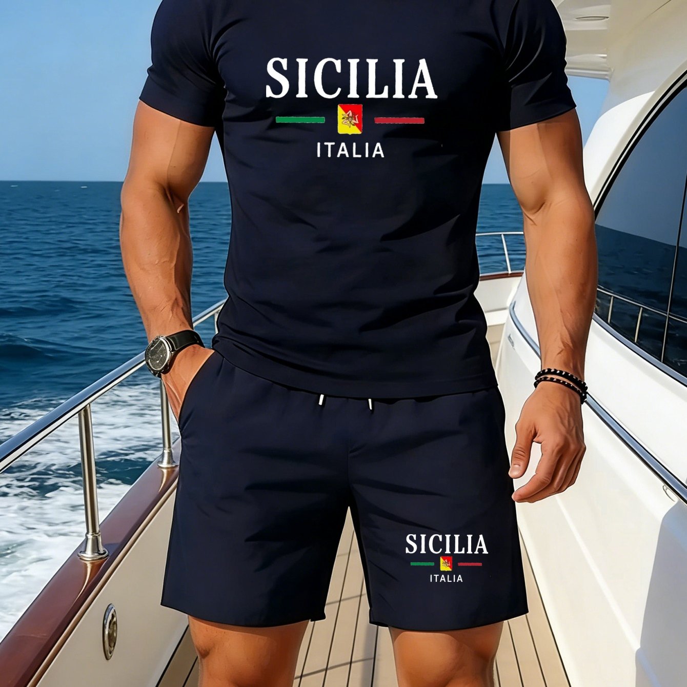 TEMU Fashion Sports Suit Spring Summer, Breathable Quick Dry Gift For Boyfriend, Sicilia Italia Print Men's Mesh Short Sleeve Shorts Set