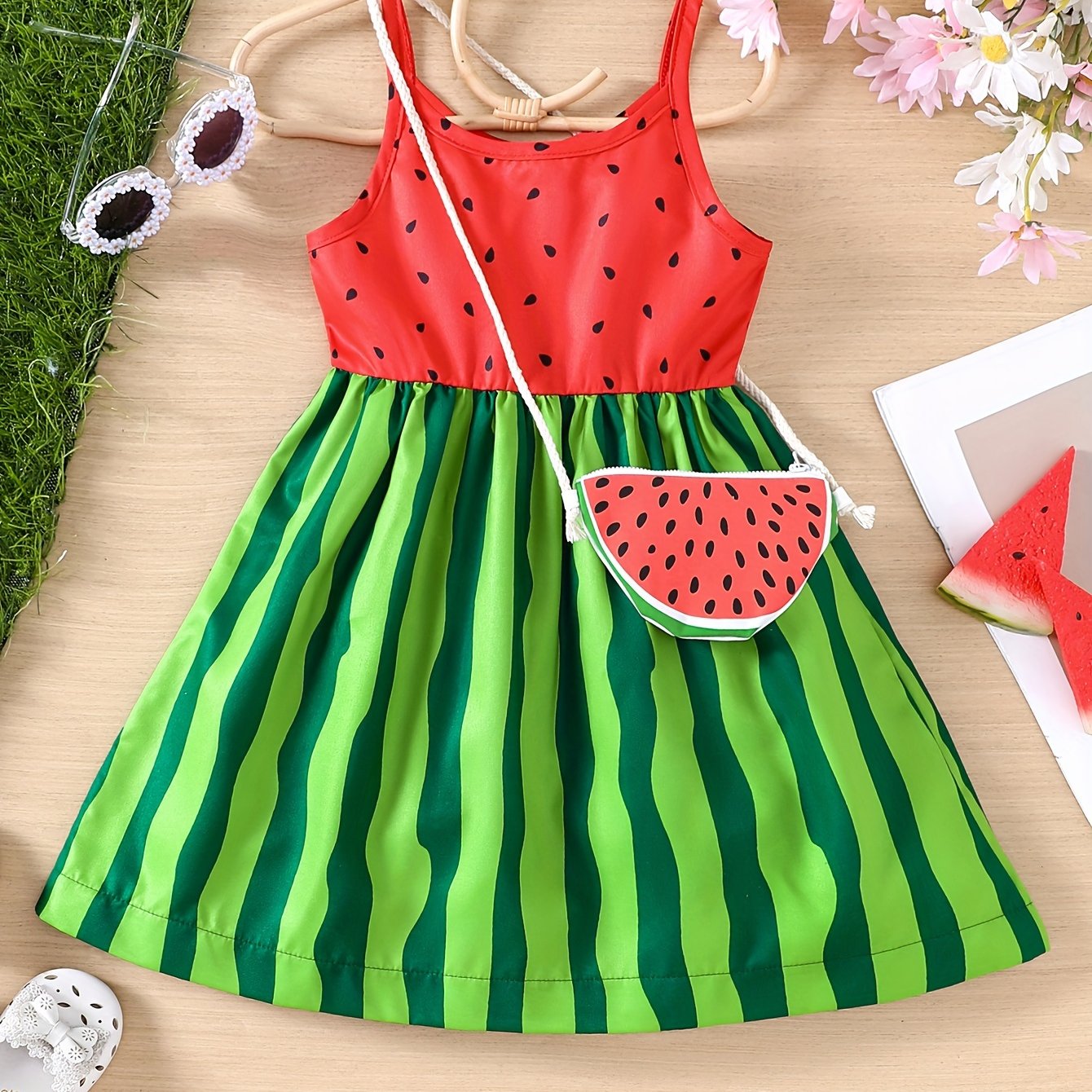 Image of Girls' Summer New Watermelon Print Camisole Dress With Crossbody Bag