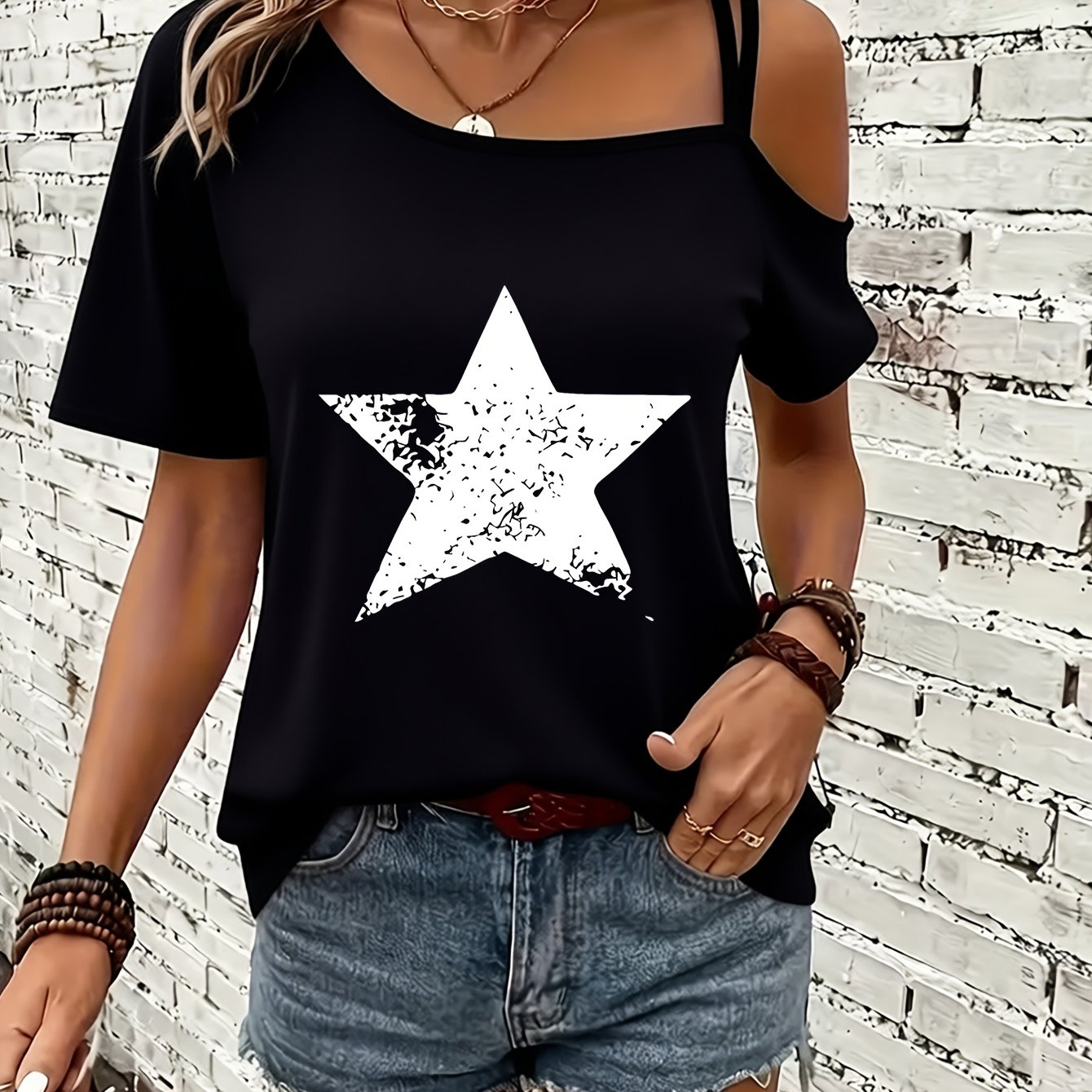 TEMU Women's Off-shoulder Spaghetti Strap Short-sleeve T-shirt With Distressed , European And Style, For Spring/summer Streetwear Casual Wear, A