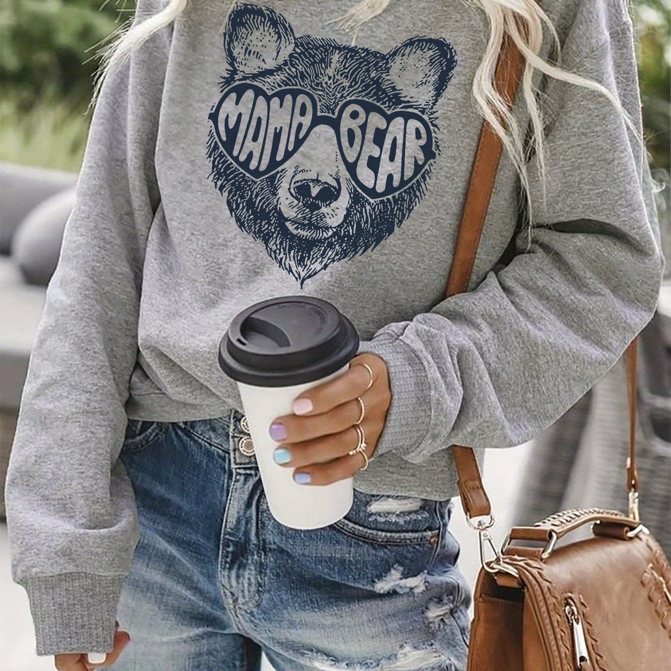 TEMU Mama Bear Letter Print Round Neck Long Sleeve Sweatshirt