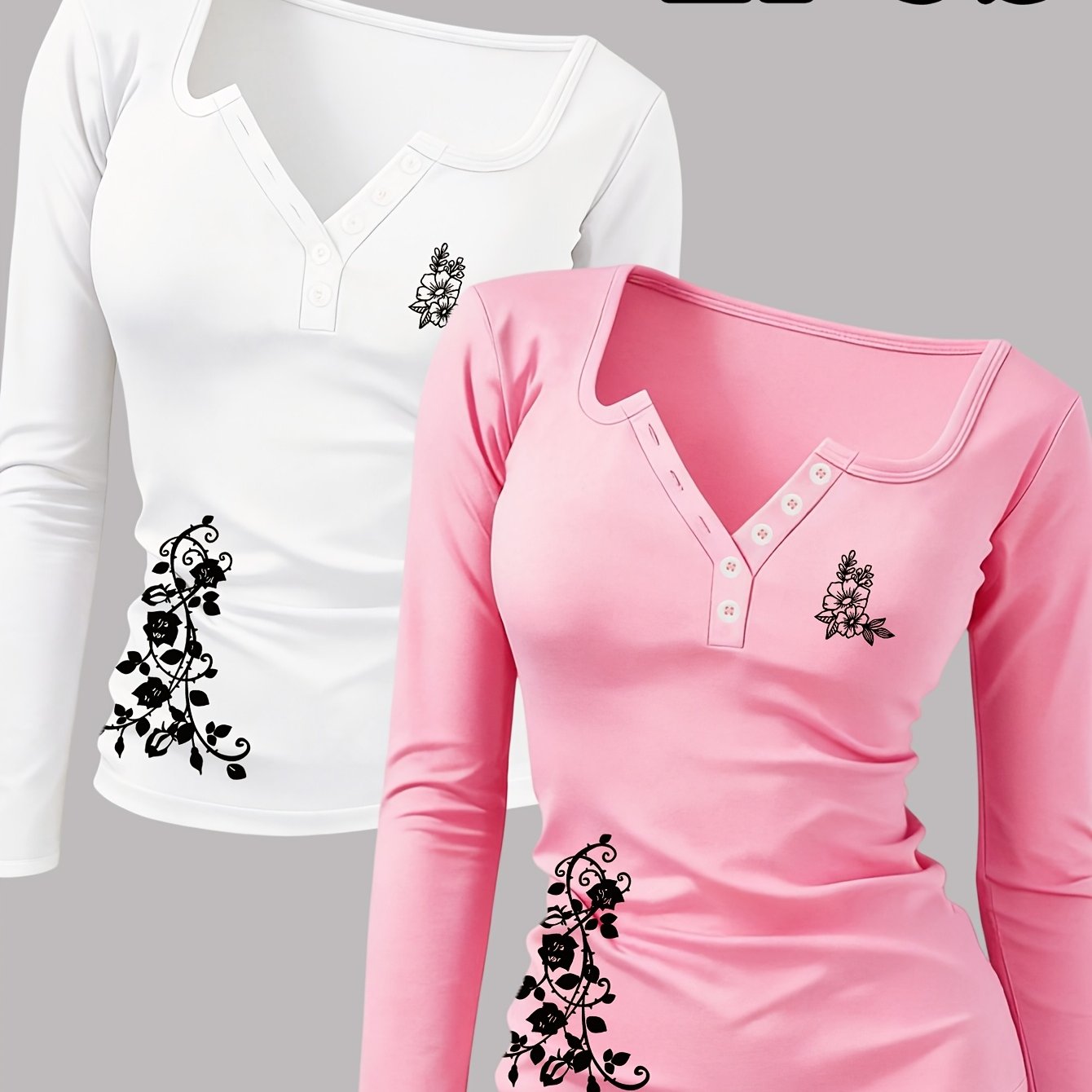 TEMU 2pcs Floral Print Women's Hot Outfit, Button-up Sexy Round Neck Long Sleeve T-shirt, A Revealing