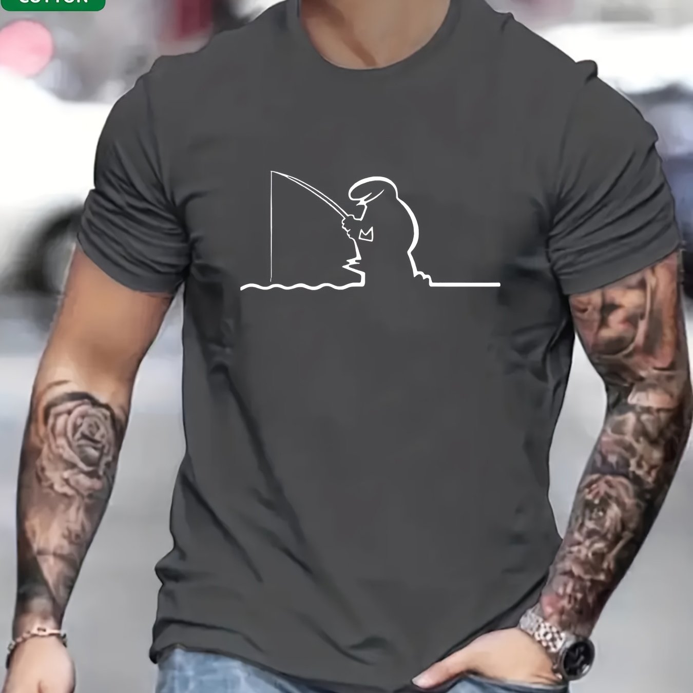 Image of Men's T-shirt With Funny Line Fishing Graphic Print - Soft & Breathable Crew Neck Short Sleeve, Machine Washable For , Outdoor Street Short Sleeves For Men