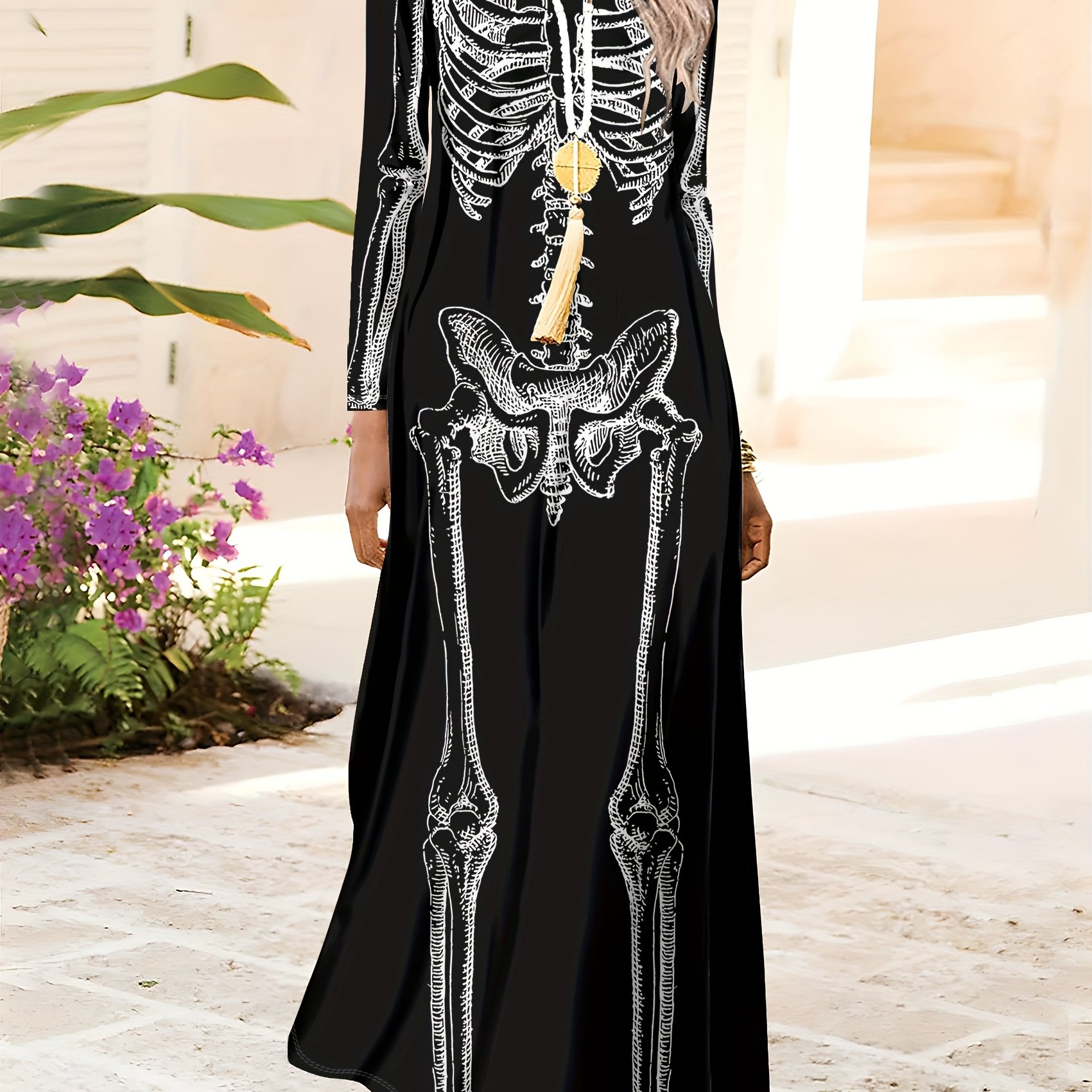 Vacation-style Skull Print With And Key Pattern, Round Neck Long-sleeve Dress