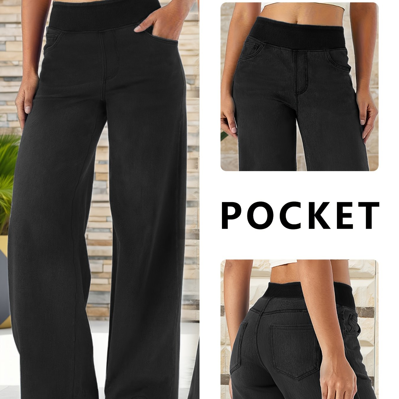 Image of Stretch Denim; Wide-leg Pants; Elastic Waistband; High-waisted; Casual; Women's; Loose-fitting; ; Versatile; ; Straight-leg Pants
