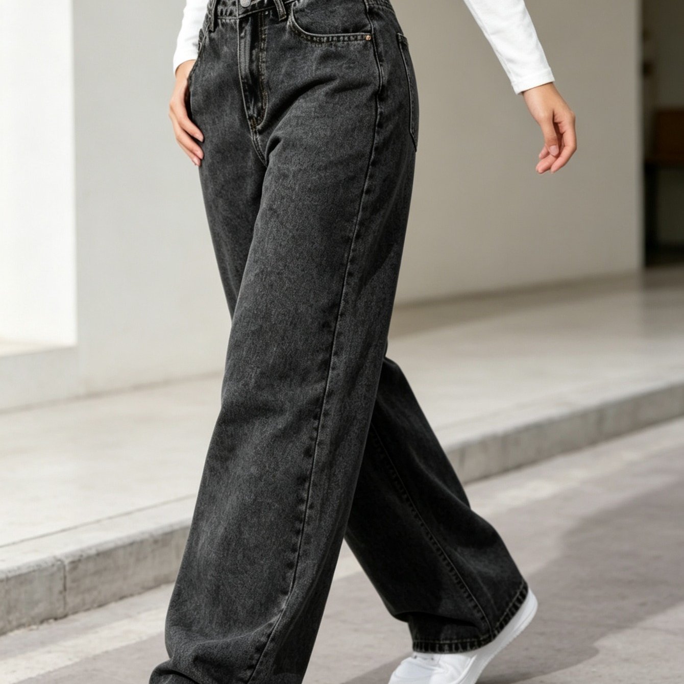TEMU Women's Sweet-spicy Style Grey Jeans, High-waist Straight-leg Loose Casual Long Trousers