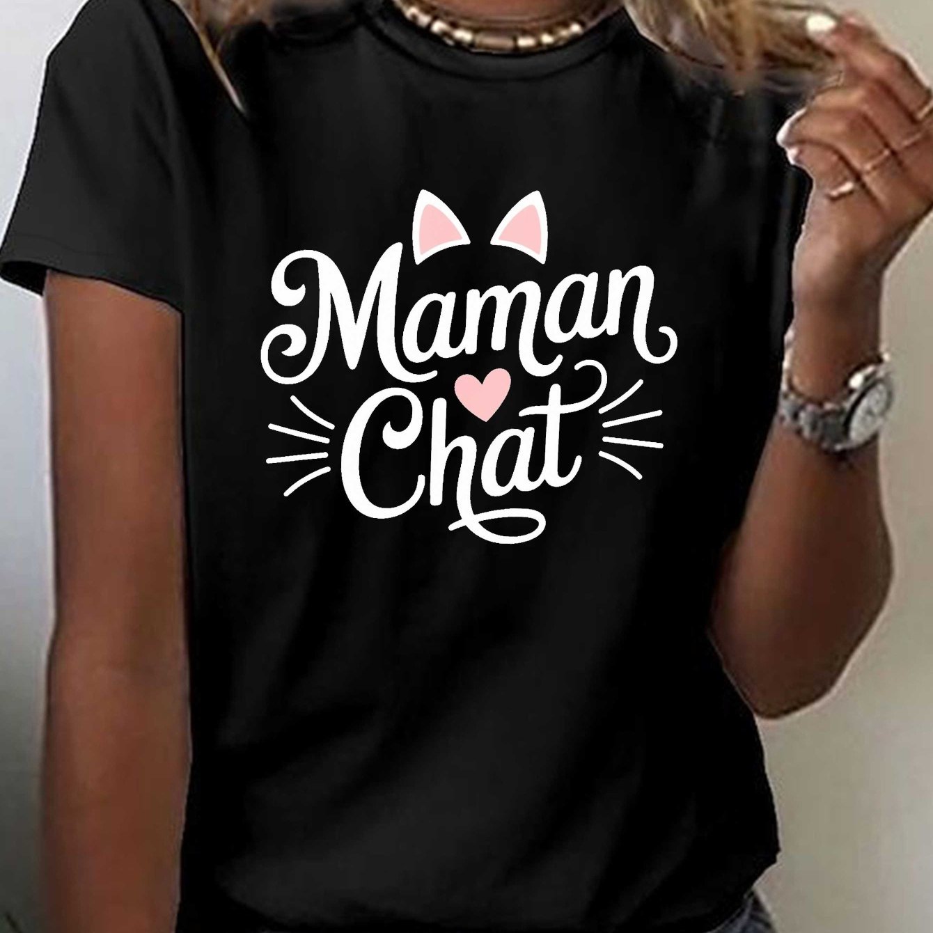TEMU T-shirt français Maman Chat avec imprimé d'accentuations de chat, haut décontracté à manches courtes et col ras du cou pour l'été et , vêtements