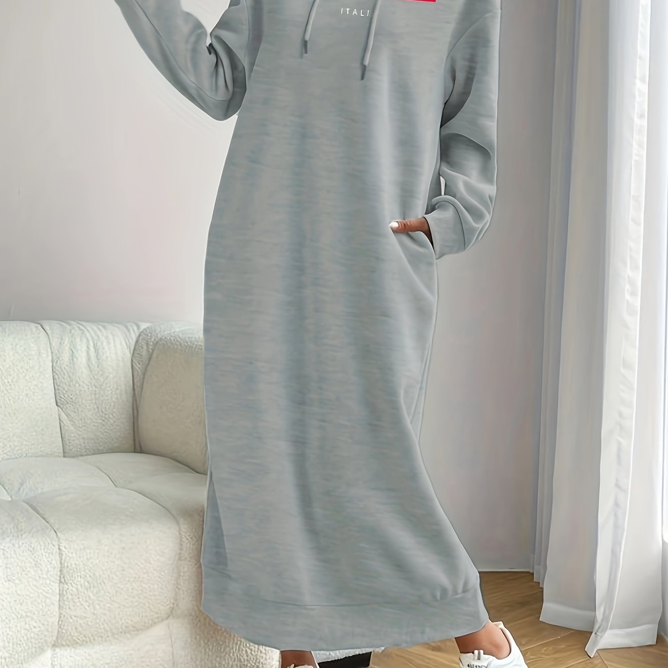 Image of New Winter Thick Long Hooded Sweatshirt Dress, Knee-length, Loose-fitting Casual Dress For Women