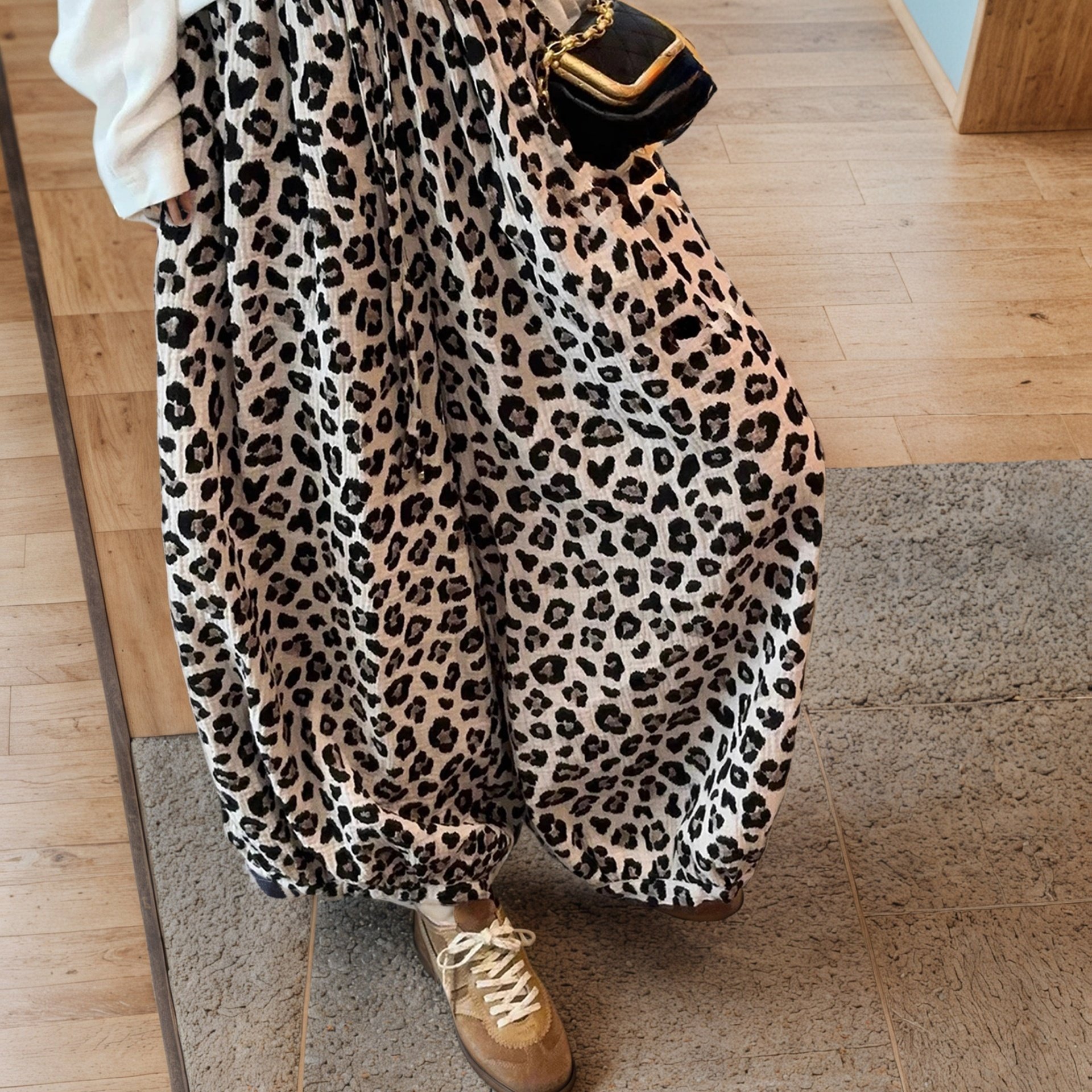 TEMU Women's Leopard Print Cropped Wide-leg Pants, 2026 Summer New Style, Fashionable High-waist Commuter Loose Fit Casual Breathable High-quality