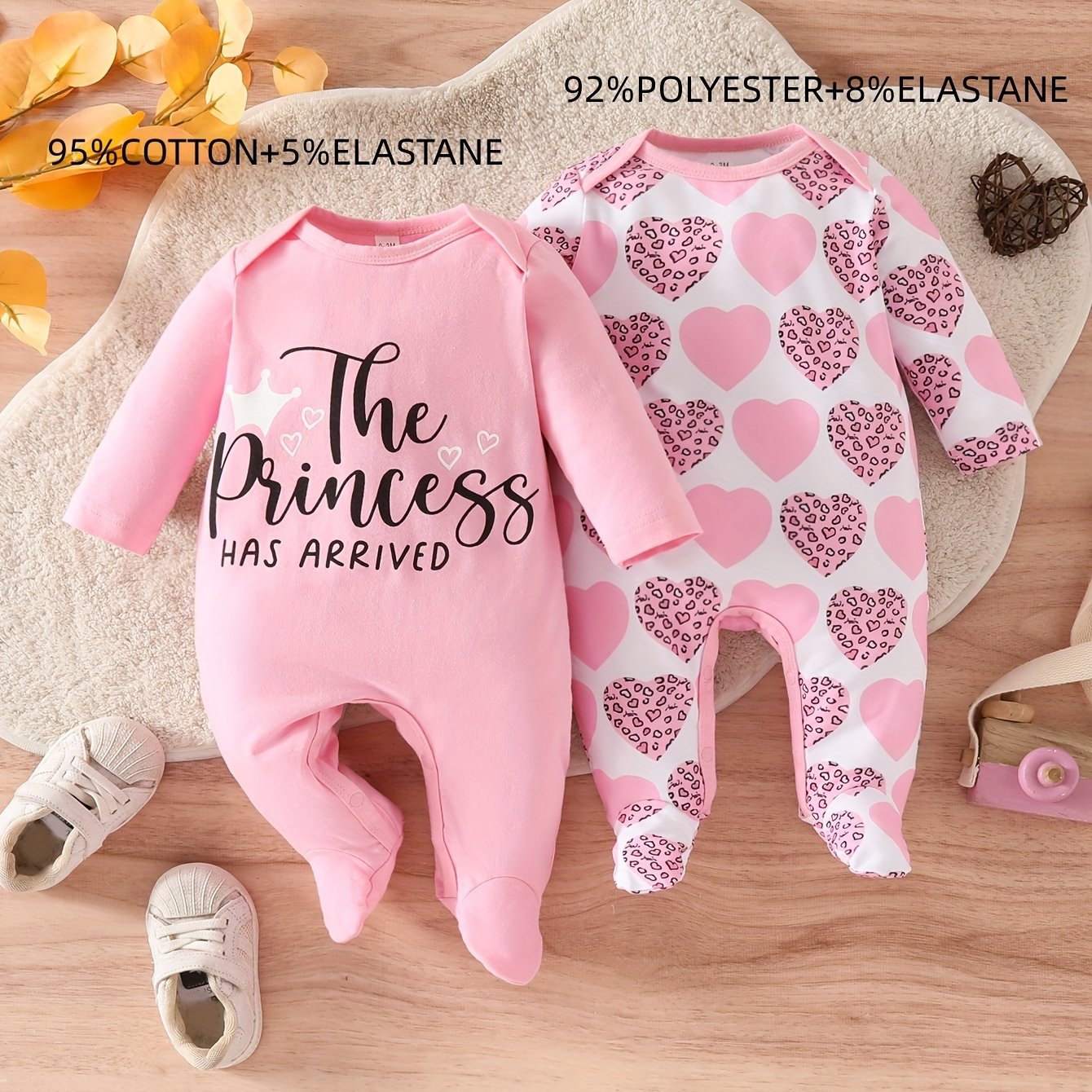 Image of 2pcs ' Has ' Letter Print Long Sleeve Rompers For Baby Girls - Soft Cotton , Machine Washable, Outdoor